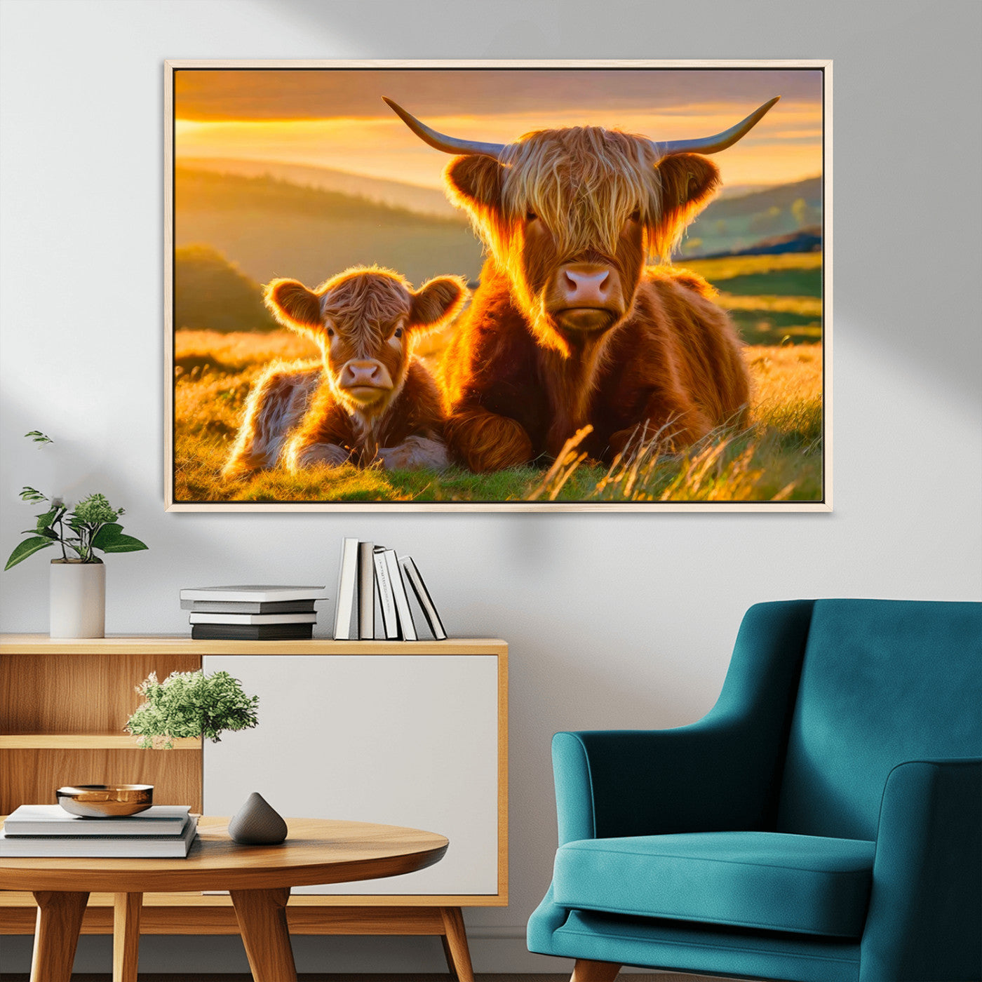 20567-MGV-CV-36X24-Highland Cow and Calf Wall Art – Rustic Farmhouse Sunset Cattle Canvas Print, Country Animal Artwork for Living Room, Bedroom, or