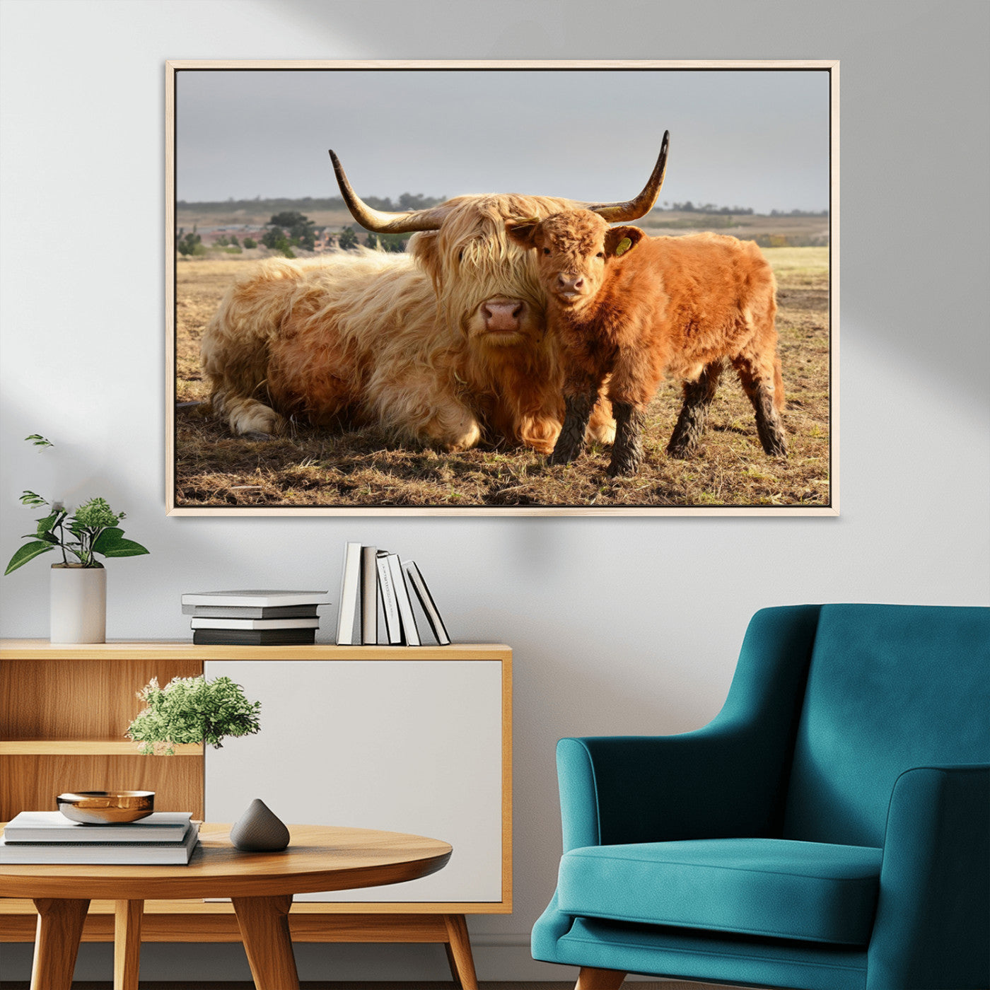 53461-MGV-CV-36X24-Highland Cow Family Wall Art – Rustic Farmhouse Animal Canvas Print, Country Decor for Living Room, Bedroom or Office, Calf and