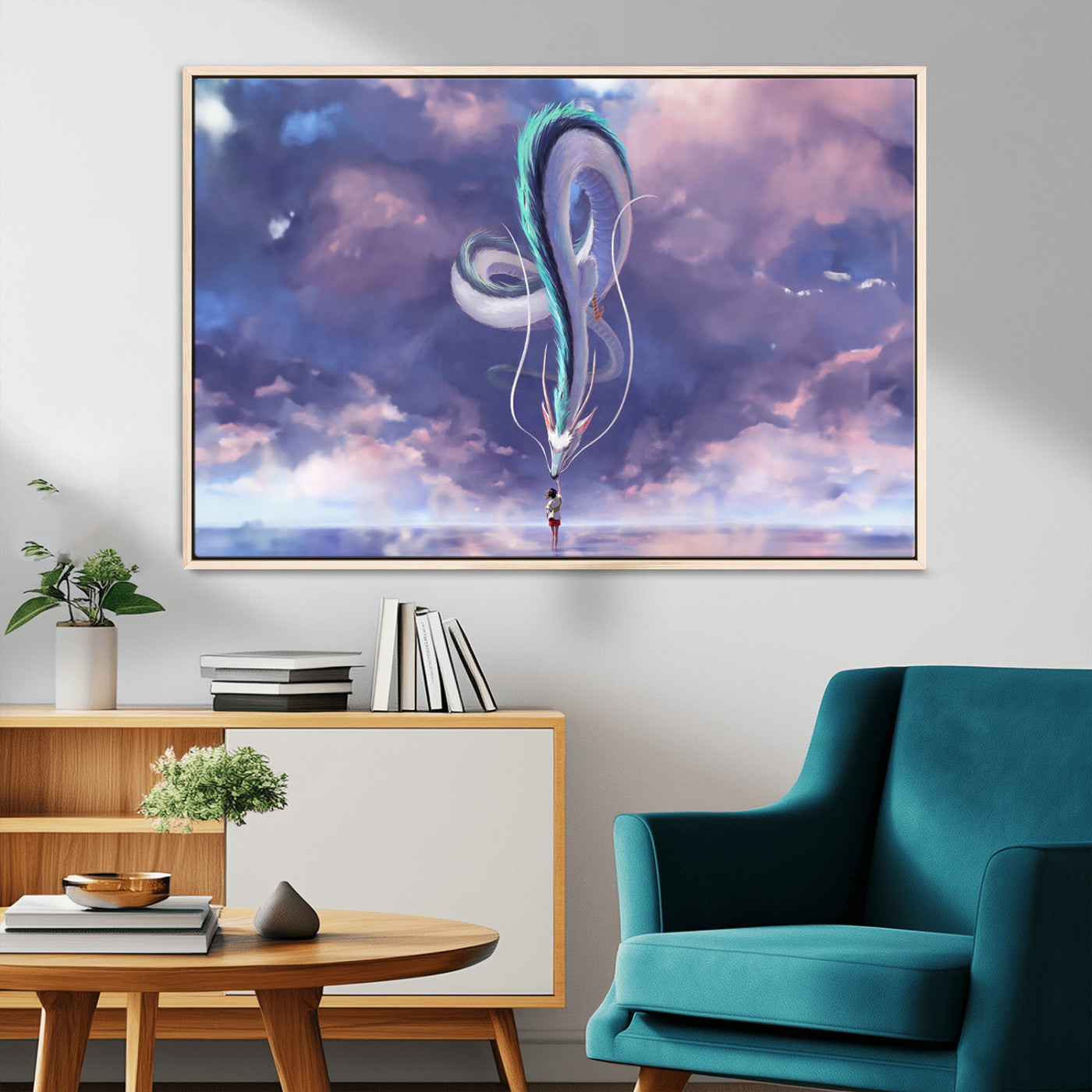 66864-MGV-FC-36X24_Natural-Fantasy Dragon Wall Art – Mystical Canvas Print Girl and Sky Serpent Dreamlike Clouds, Magical Anime Inspired Decor for Living