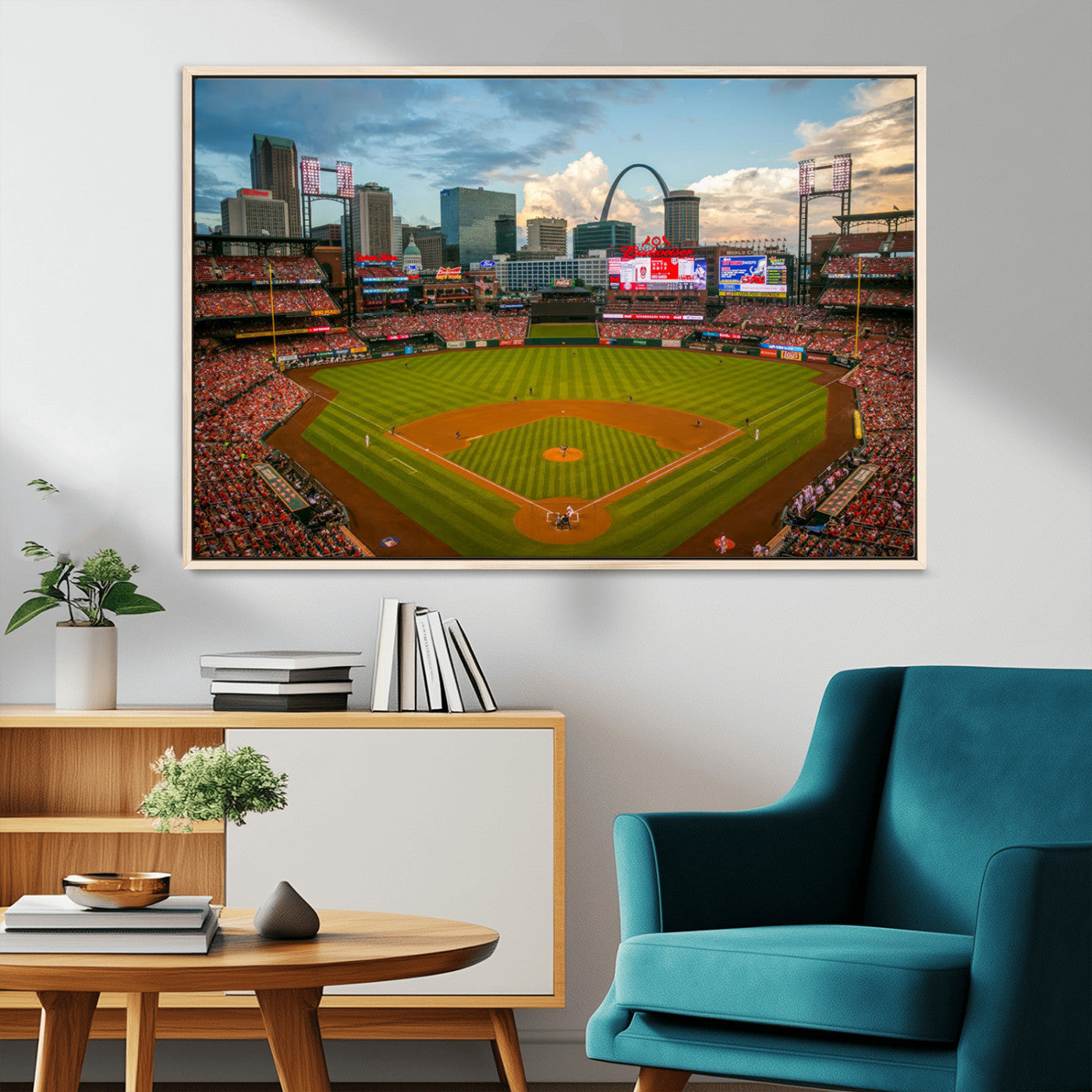 91908-MGV-FC-36X24_Natural-Baseball Stadium Wall Art – Canvas Print Game Day Field City Skyline Iconic Arch Scene Sports Photography, Decor for Game Room,