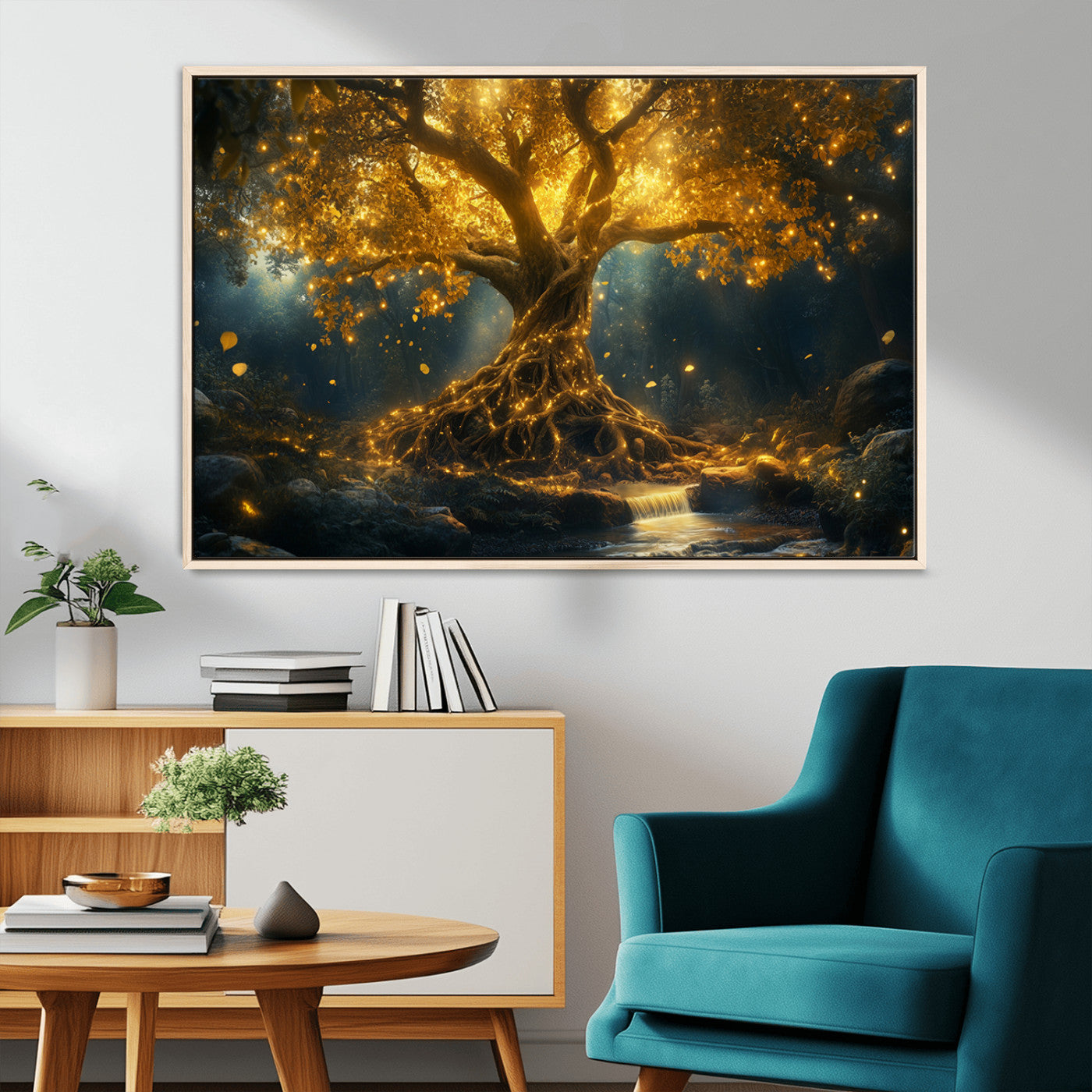 92739-MGV-CV-36X24-Glowing Tree Wall Art – Enchanted Golden Forest Canvas Print, Mystical Illuminated Nature Painting Poster for Living Room,