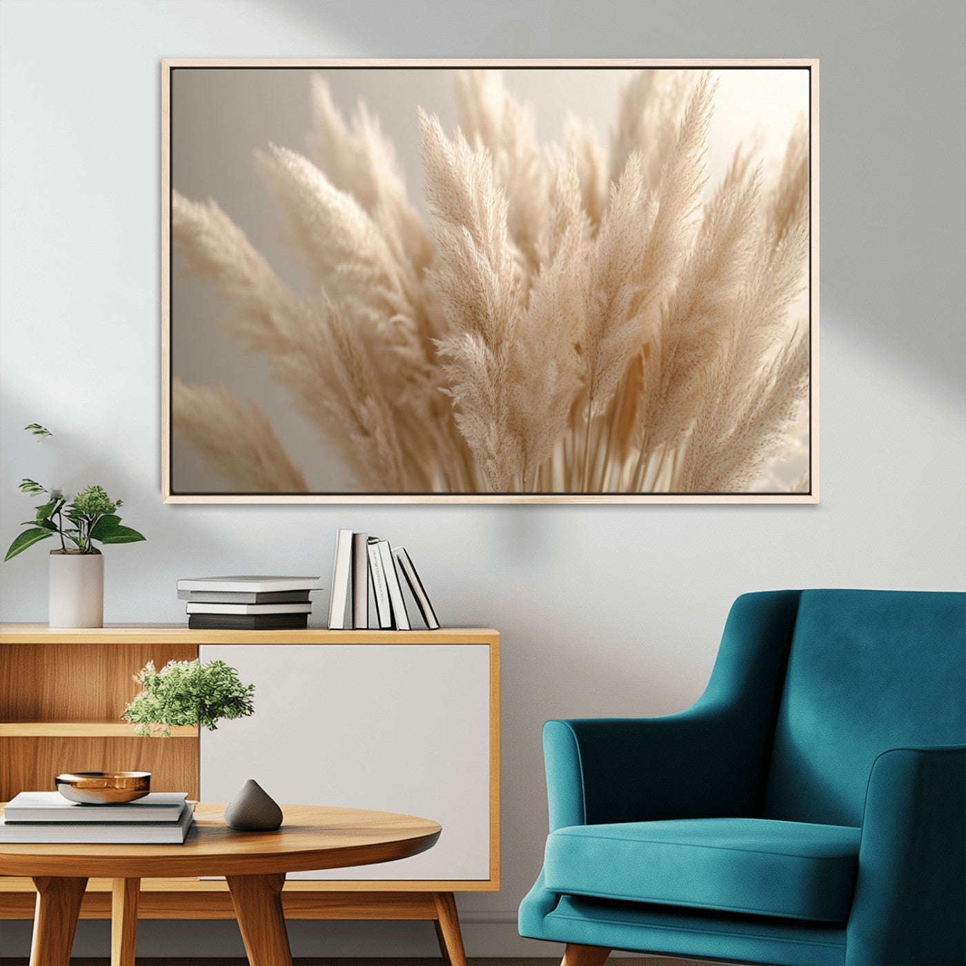 50300-MGV-FC-36X24_Natural-Pampas Grass Wall Art Canvas Print, Framed Minimalist Pampas Grass Art Picture Print, Beige Pampas Grass Perfect Minimalist Boho