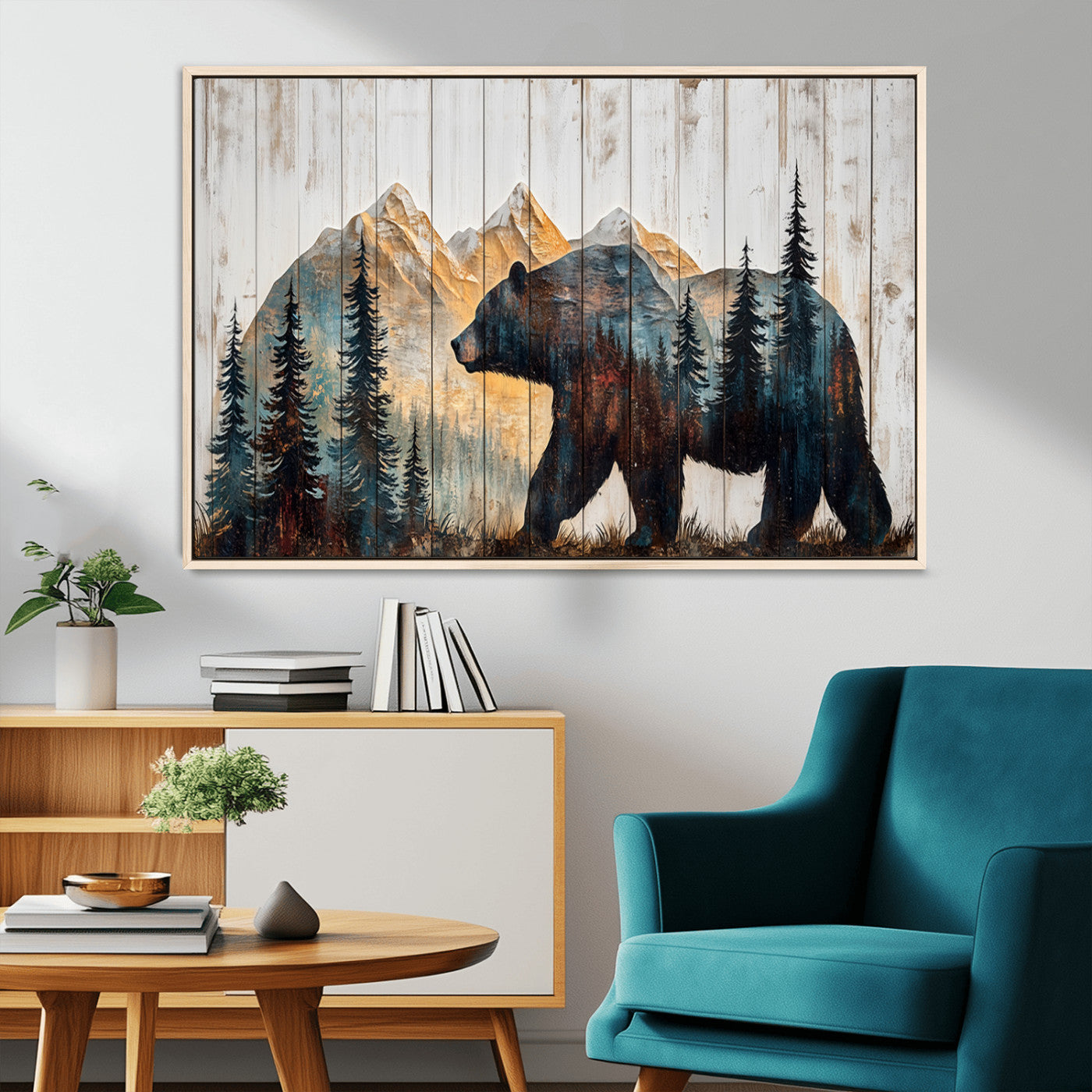 90077-MGV-FC-36X24_Natural-Wood Grizzly Bear Wall Art Canvas Print, Framed Abstract Bear Art Picture Print, Bear in Forest Perfect Rustic Lodge Decor Artwork