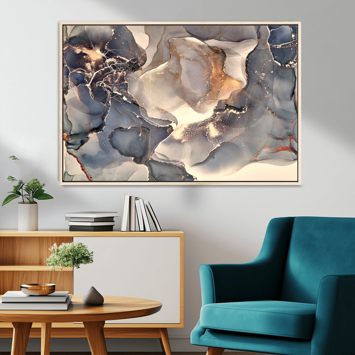 18202-MGV-CV-36X24-Abstract Neutral Wall Art – Blue, Beige and Gold Fluid Ink Canvas Print, Modern Minimalist Painting for Living Room, Office