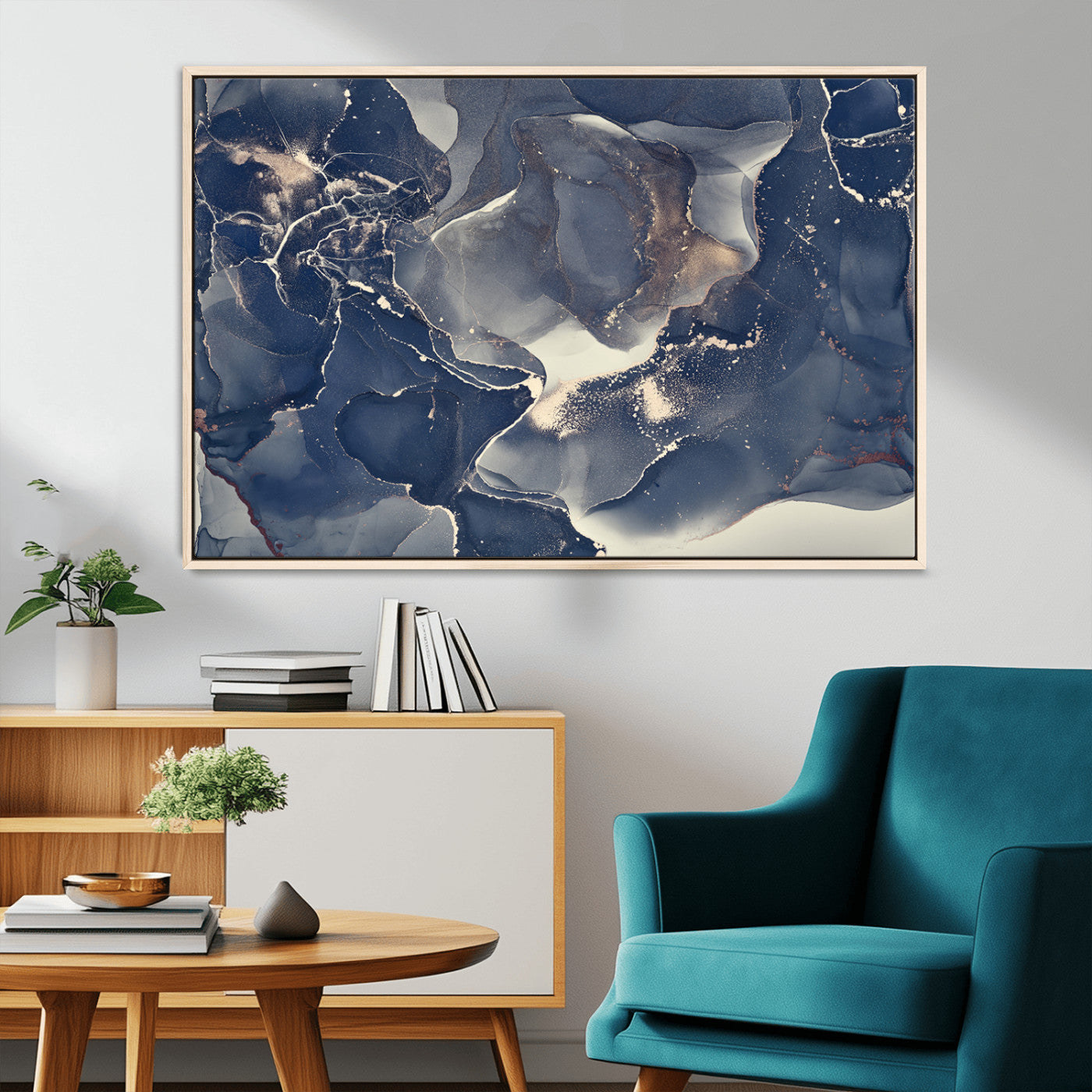 28282-MGV-CV-36X24-Blue Abstract Wall Art – Modern Ink Swirl Canvas Print, Contemporary Navy and Gold Painting for Living Room, Bedroom, Office or