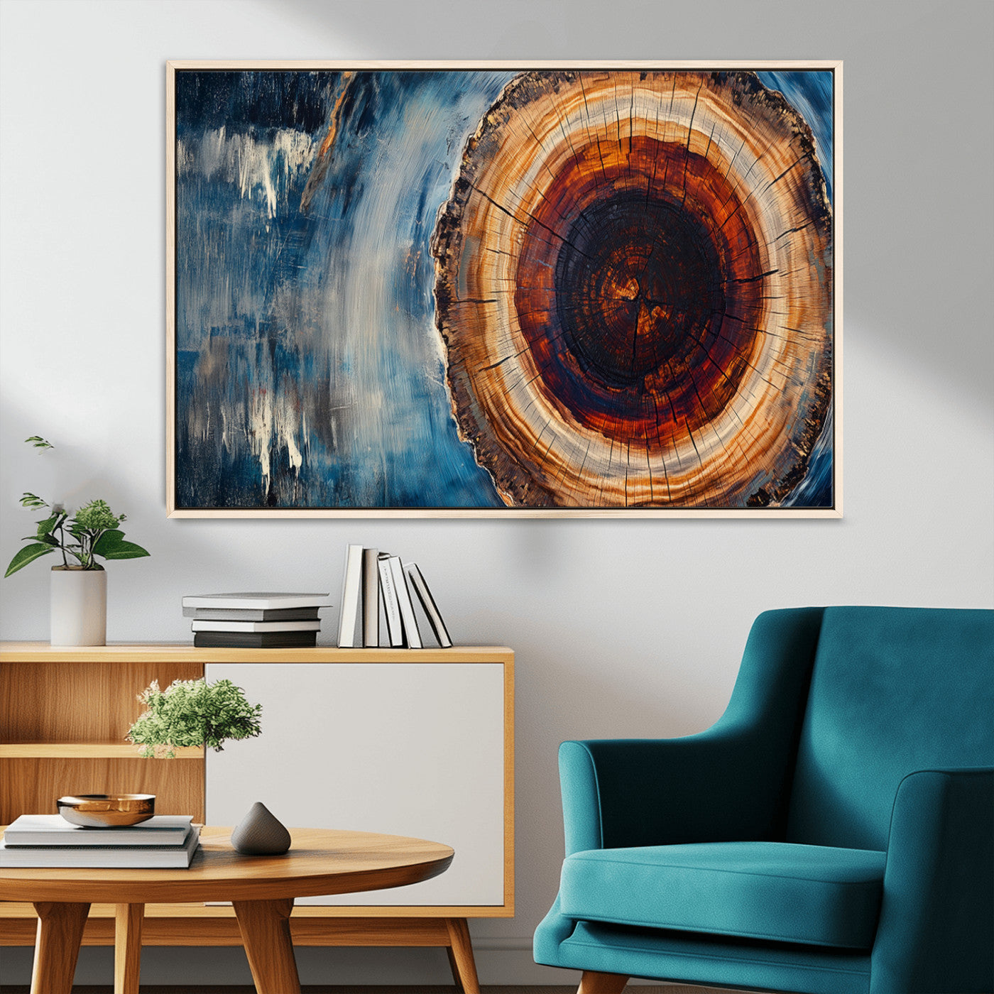 48045-MGV-CV-36X24-Tree Ring Abstract Wall Art – Rustic Wood Grain Canvas Print with Brown Center and Blue Brush Strokes, Nature Inspired Artwork for