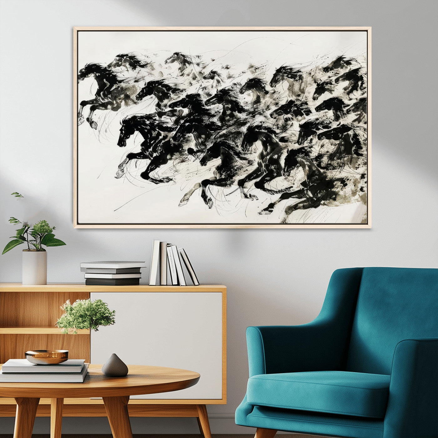 23069-MGV-CV-36X24-Galloping Horses Wall Art – Black Ink Painting on Canvas, Dynamic Equestrian Artwork with Running Stallions, Expressive Modern