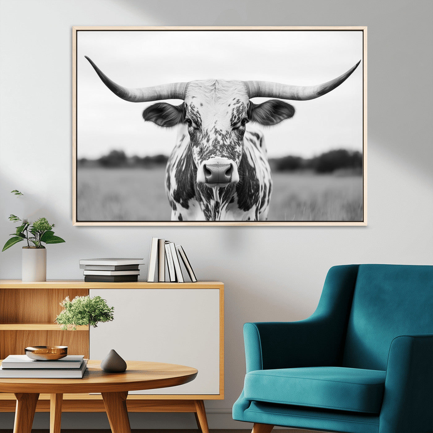 20272-MGV-FC-36X24_Natural-Highland Cow Wall Art – Black and White Western Longhorn Canvas Print, Farmhouse Living Room Decor Southwestern Animal Artwork for