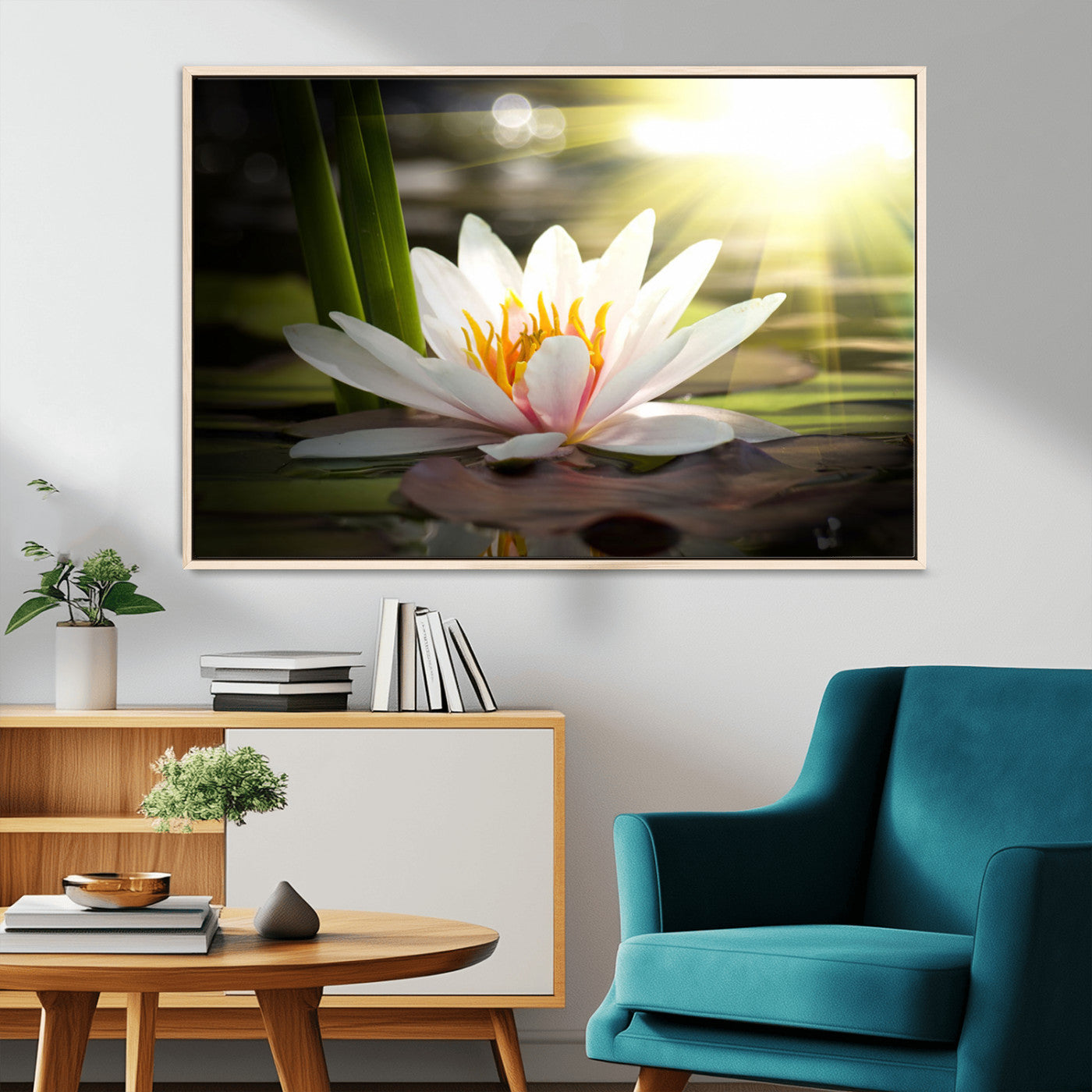 60352-MGV-CV-36X24-White Water Lily Wall Art – Lotus Flower Canvas Print with Sunlight Reflection, Peaceful Botanical Artwork for Living Room,
