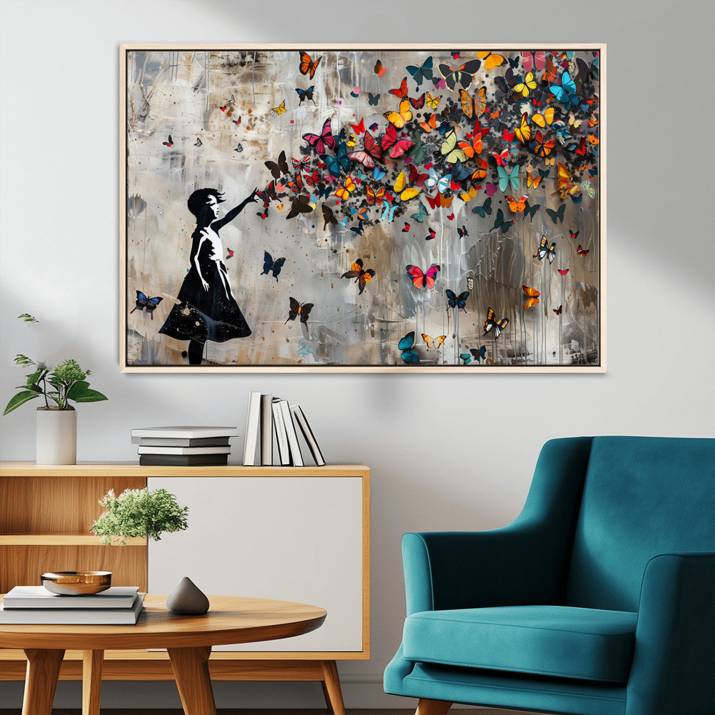 51446-MGV-CV-36X24-Butterfly Wall Art – Modern Street Style Canvas Print with Girl Silhouette and Colorful Butterflies, Contemporary Artwork for