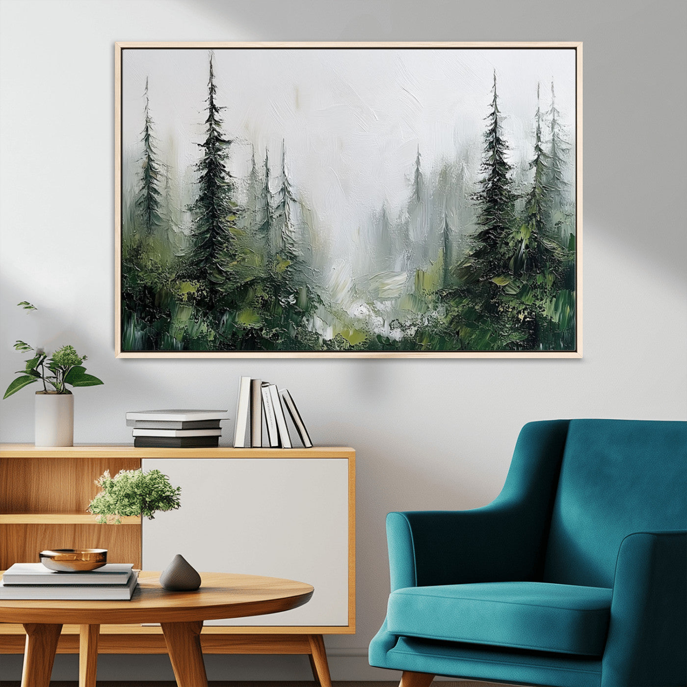 76014-MGV-CV-36X24-Forest Wall Art – Textured Canvas Print Featuring Misty Evergreen Pines and Woodland Landscape, Rustic Nature Artwork for Living