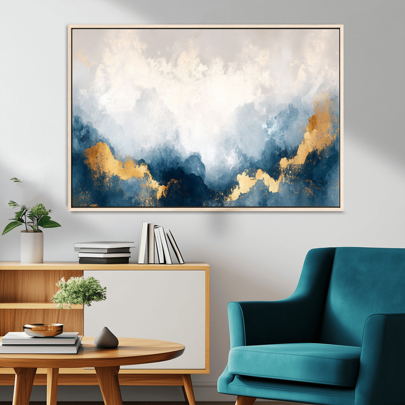 14578-MGV-CV-36X24-Abstract Wall Art – Modern Canvas Print Featuring Blue and White Clouds with Golden Accents, Contemporary Elegant Artwork for