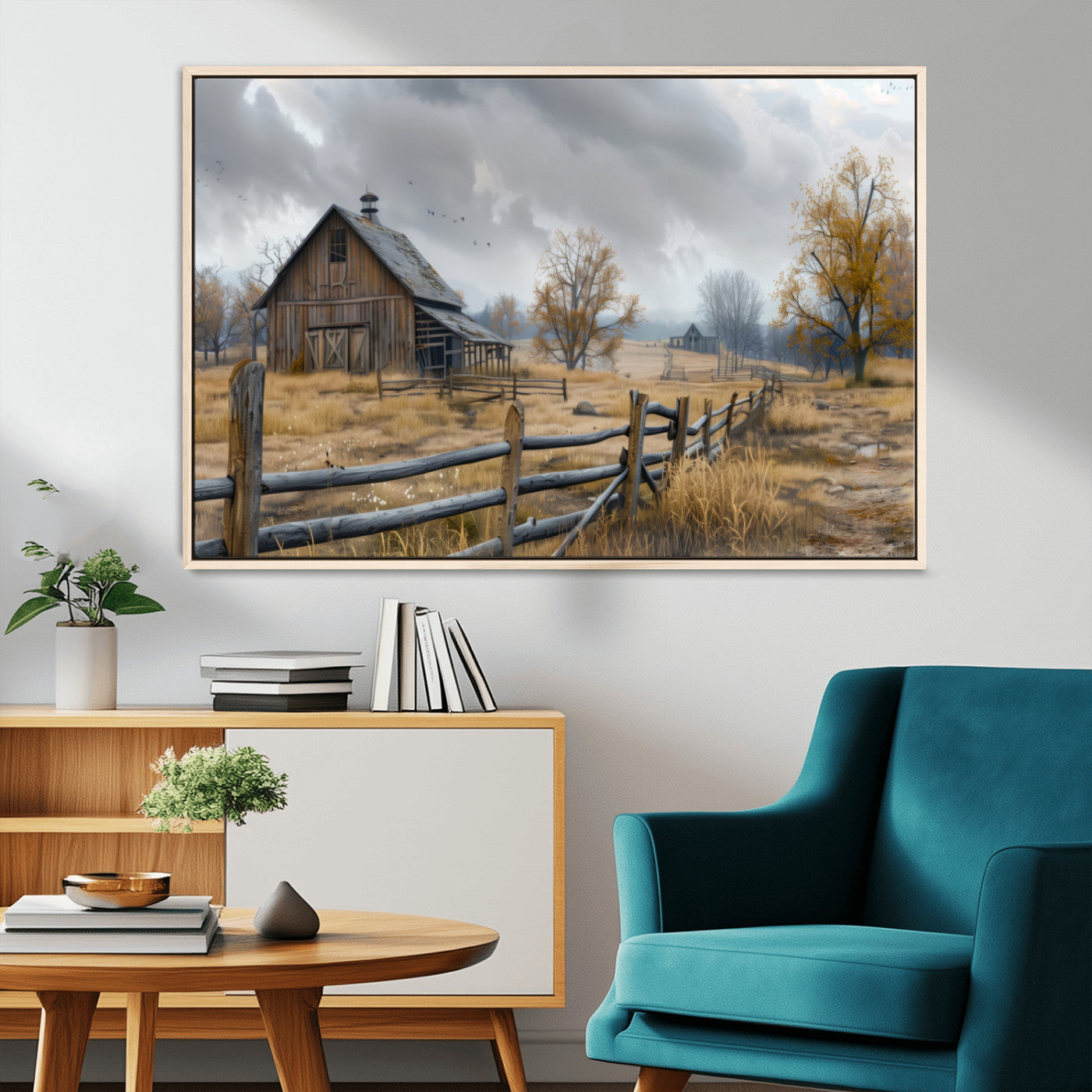 Farm1-MGV-FC-36X24_Natural-Rustic Autumn Farmhouse Wall Art – Serene Countryside Scene Canvas Print, Weathered Barn and Autumn Trees Decor for Living Room,