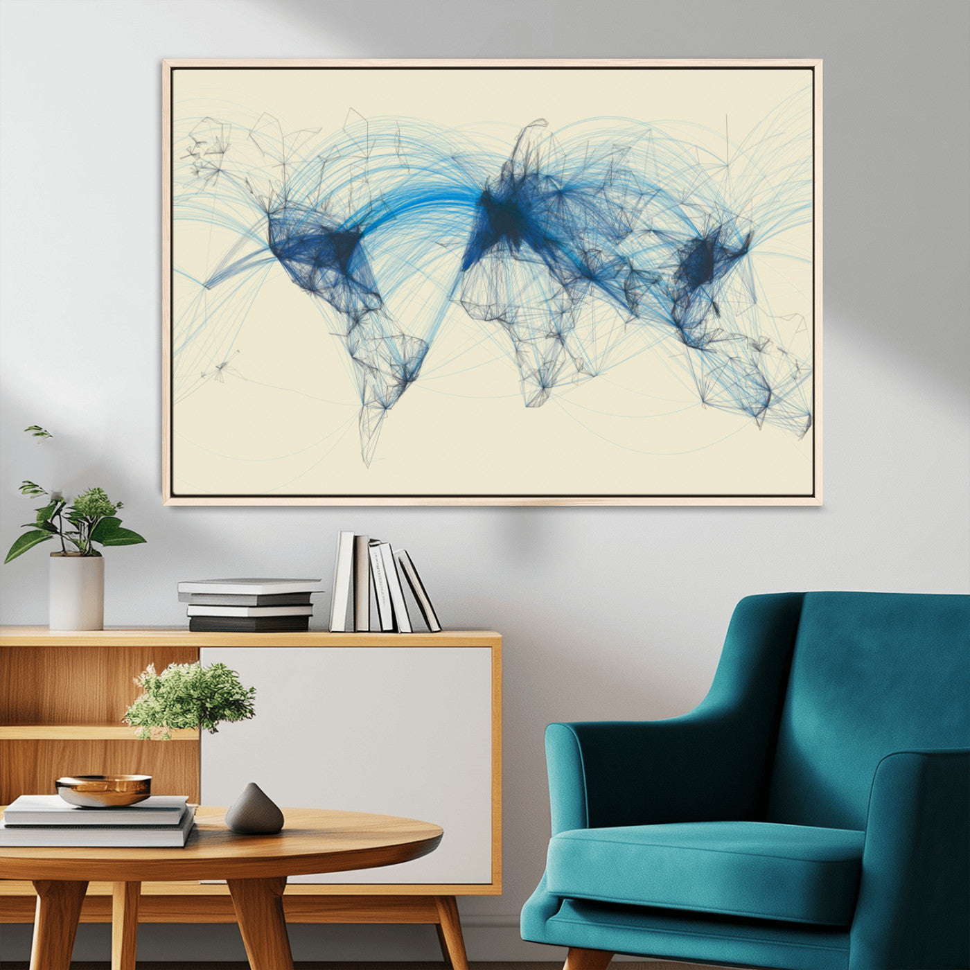 Map-Blue-Contract-MGV-CV-36X24-Abstract World Map Wall Art – Modern Blue Line Network Style Canvas Print, Contemporary Global Artwork for Living Room, Bedroom,