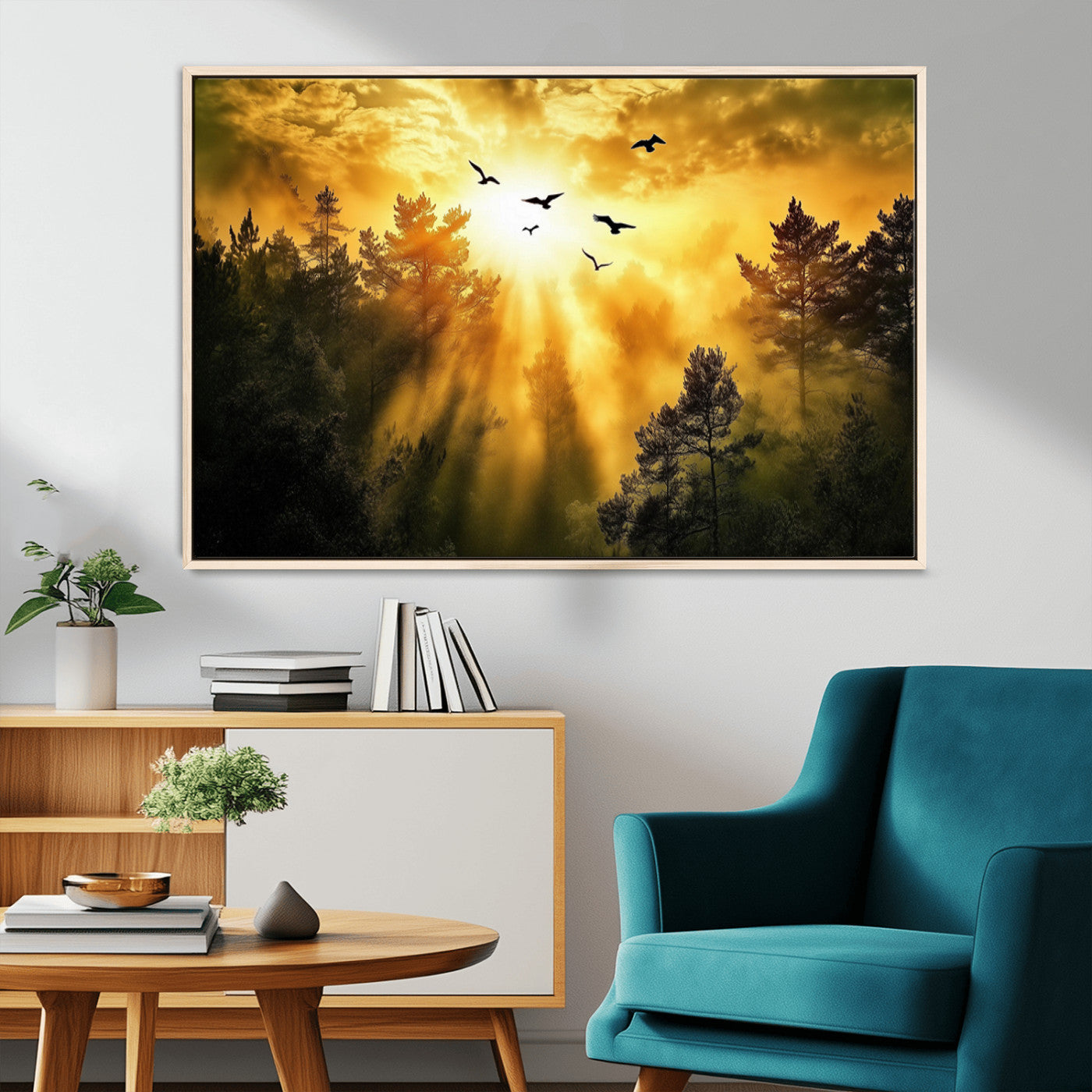 13776802-MGV-CV-36X24-Golden Forest Wall Art Canvas Print, Framed Sunset Pines Art Picture Print, Flying Birds Perfect Nature Glow Decor Artwork