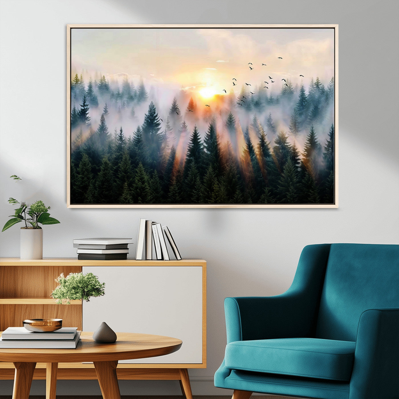 56391411-MGV-CV-36X24-Misty Forest Wall Art Canvas Print, Framed Sunrise Pines Art Picture Print, Moody Pines Perfect Serene Woodland Decor Artwork