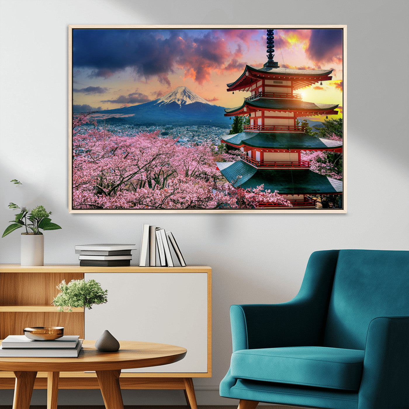 32331262-MGV-CV-36X24-Mount Fuji Japan Wall Art – Cherry Blossom Landscape Canvas Print, Chureito Pagoda Sunset Photography, Japanese Nature Travel