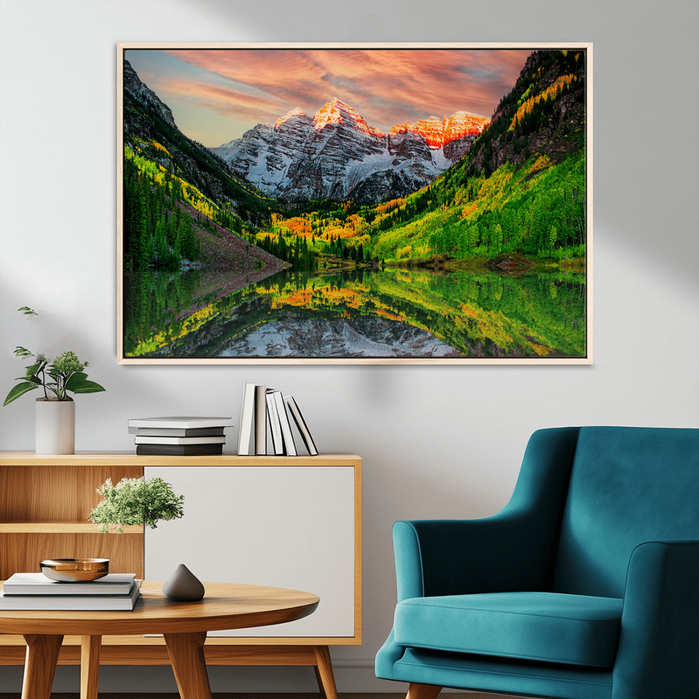 59533484-MGV-CV-36X24-Maroon Bells Autumn Wall Art – Panoramic Mountain Landscape Canvas Print, Sunset Reflection Nature Artwork for Living Room, Office