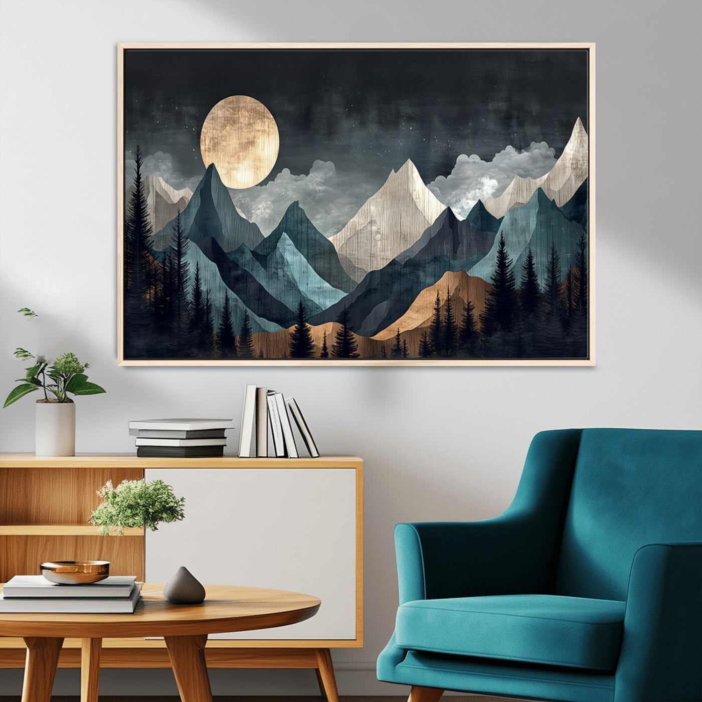 11060882-MGV-CV-36X24-Moonlit Mountains Wall Art Canvas Print, Framed Forest Silhouette Art Picture Print, Night Landscape Perfect Modern Forest Decor