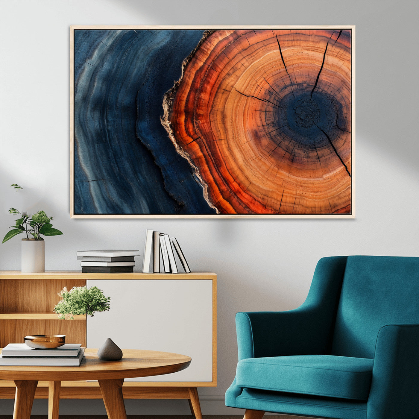 57732250-MGV-CV-36X24-Tree Ring Abstract Wall Art – Blue Orange Wood Grain Canvas Print, Modern Rustic Nature Artwork for Living Room, Office,