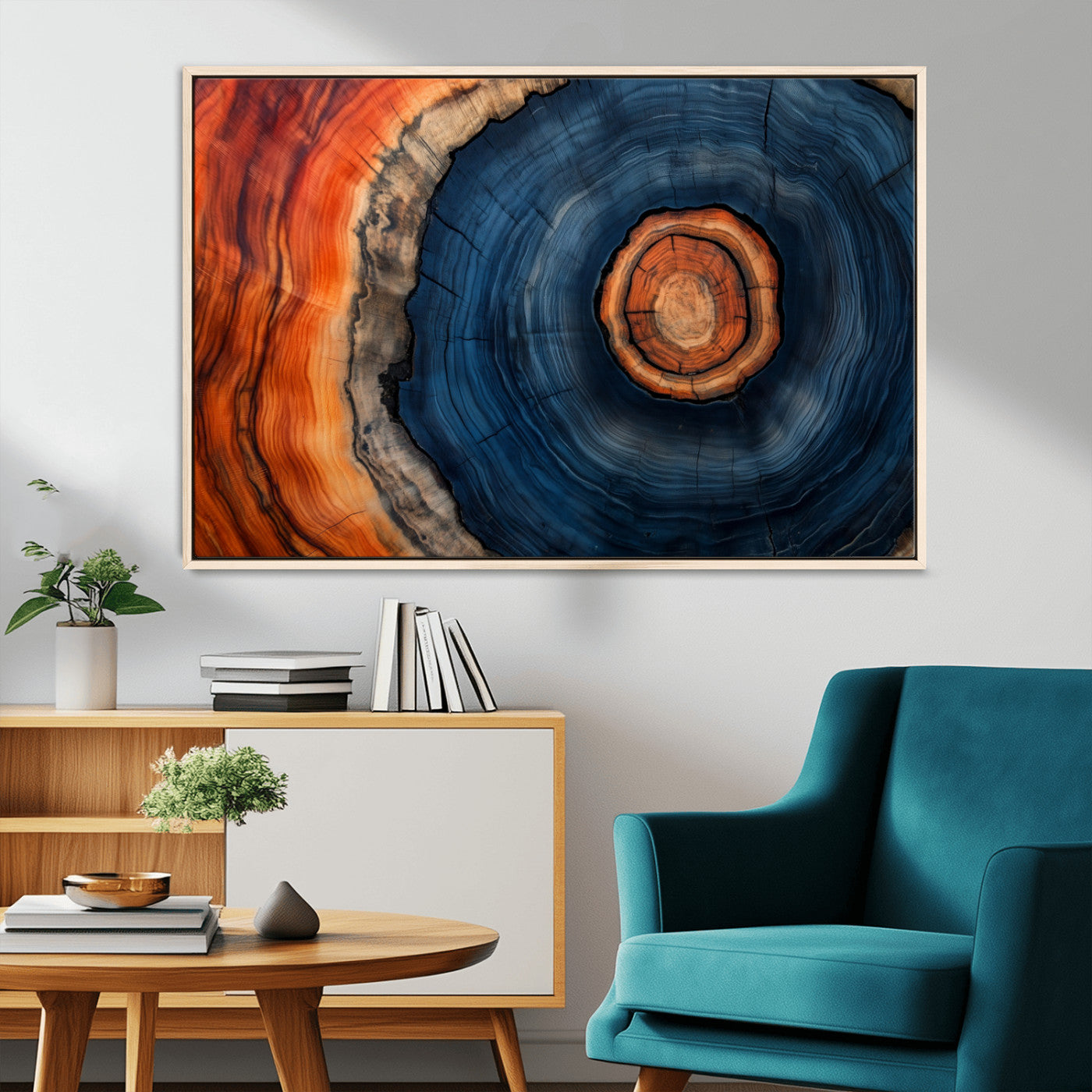 72209152-MGV-CV-36X24-Abstract Tree Ring Wall Art – Vibrant Blue Orange Wood Grain Canvas Print, Rustic Modern Nature Artwork for Living Room, Office,