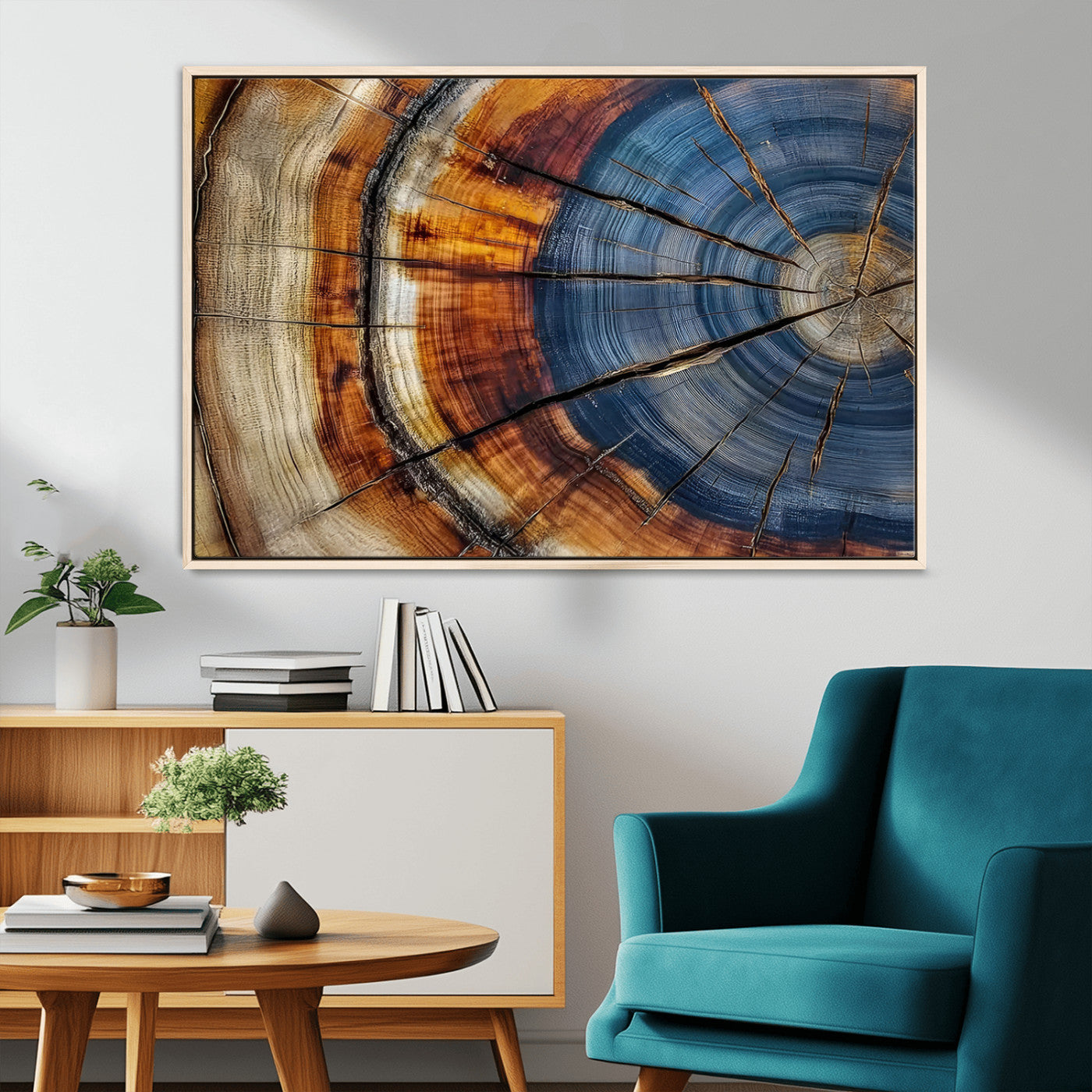 18032999-MGV-CV-36X24-Tree Ring Wall Art – Blue Brown Abstract Wood Slice Canvas Print, Rustic Modern Nature Decor for Living Room, Office, Bedroom or