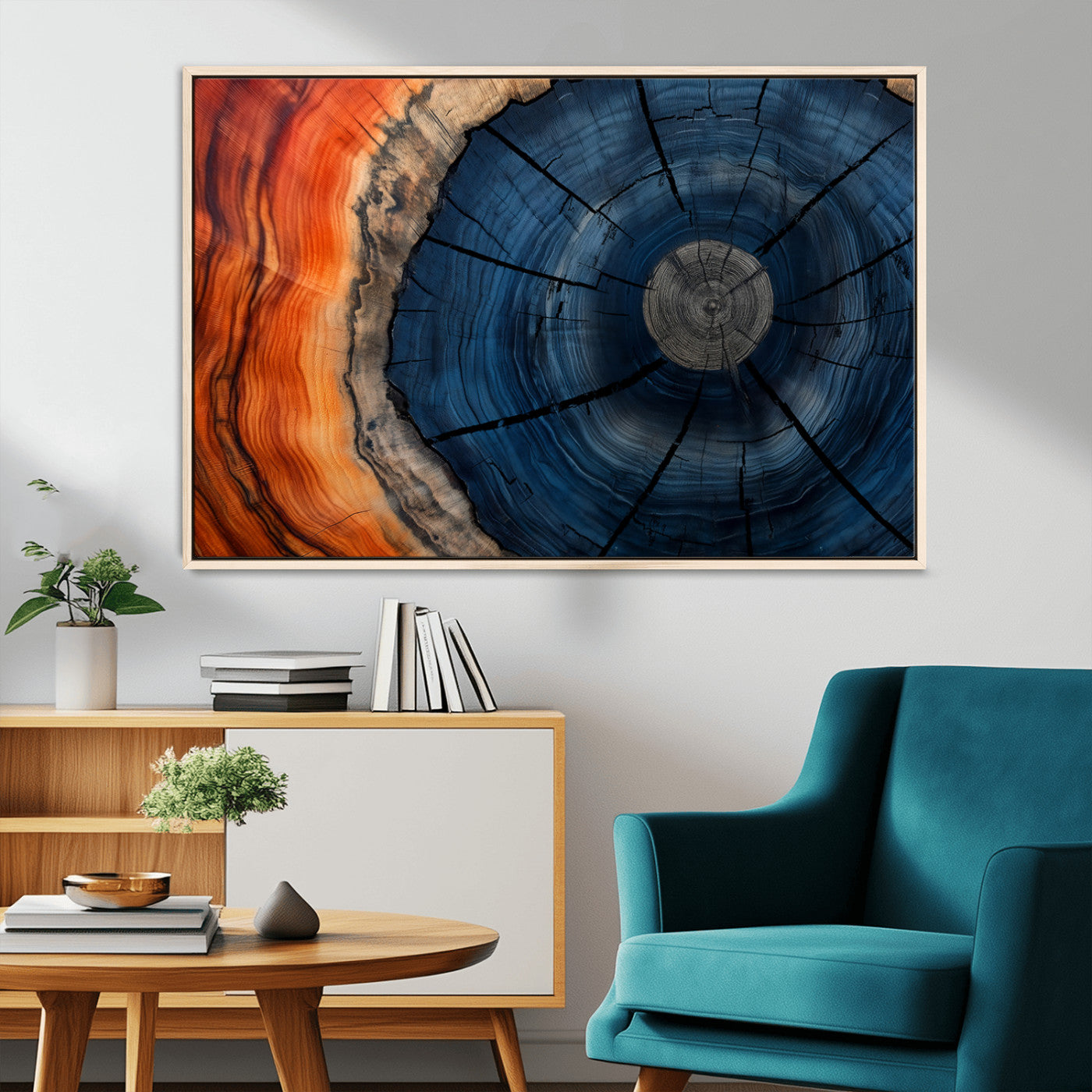 26110607-MGV-CV-36X24-Blue and Orange Tree Ring Wall Art – Abstract Wood Cross Section Canvas Print, Modern Rustic Nature Decor for Living Room, Office,