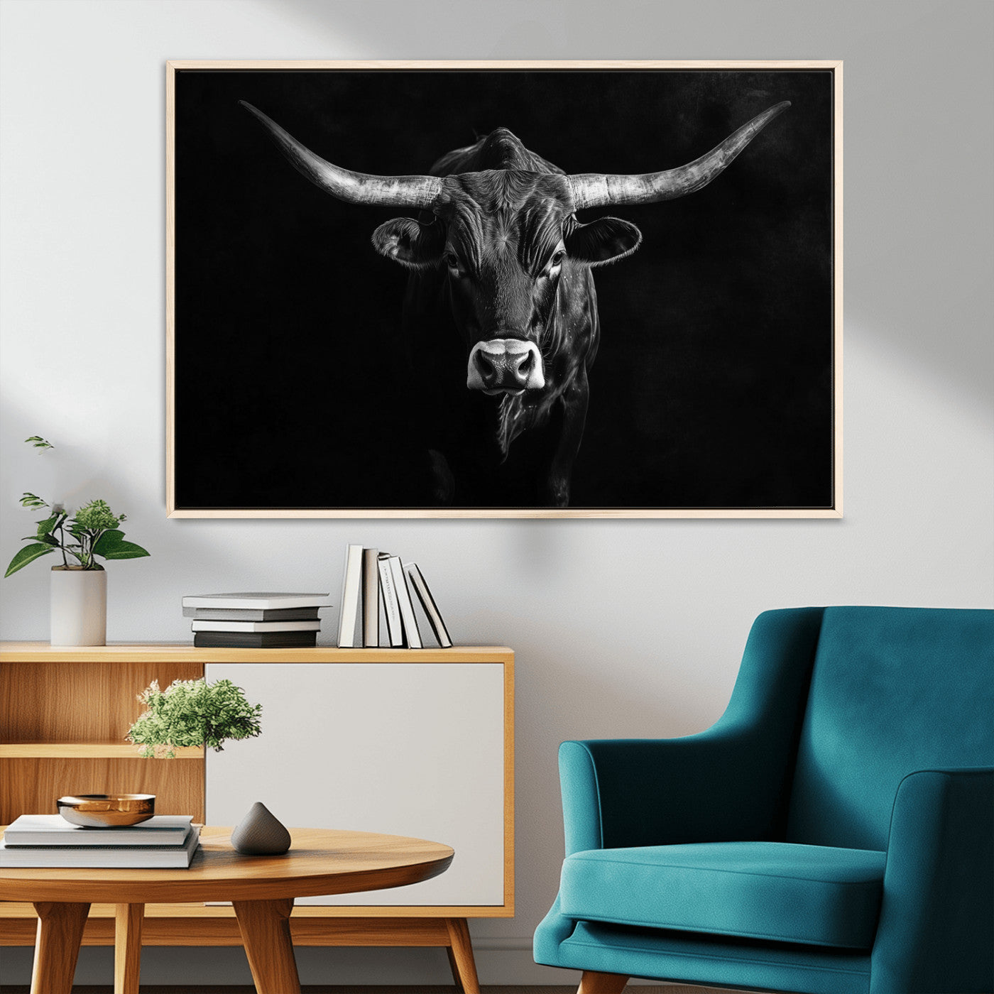 42077175-MGV-CV-36X24-Texas Longhorn Wall Art Canvas Print, Framed Monochrome Bull Art Picture Print, Horned Bull Perfect Rustic Western Decor Artwork