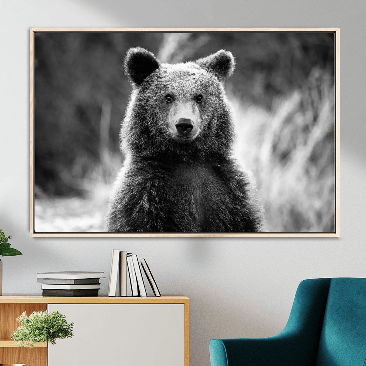 MGV-FC-36X24 - Grizzly Bear Wall Art Canvas Print, Framed Black White Bear Art Picture Print, Wild Bear Perfect Rustic Wildlife Decor Artwork