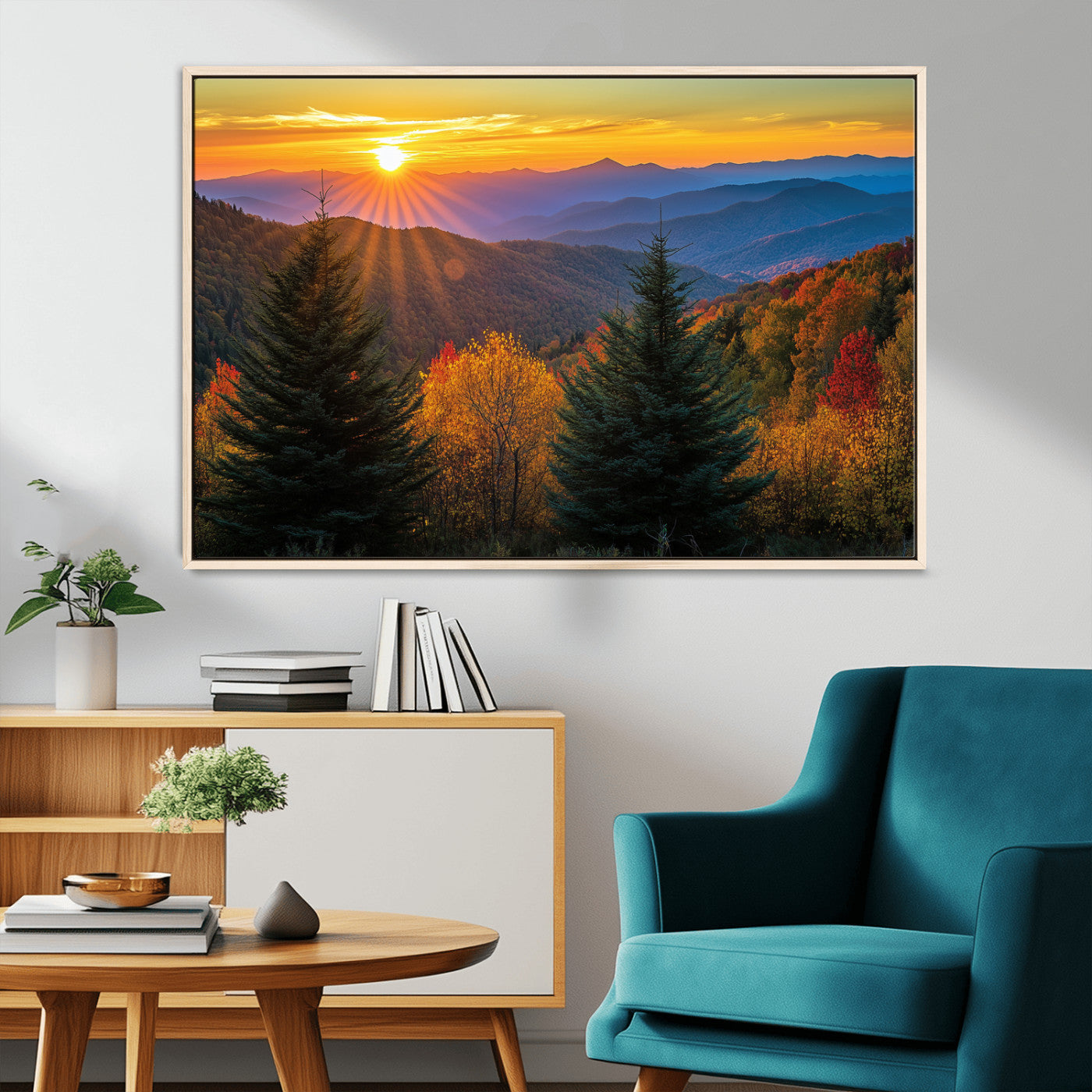 36964931-MGV-CV-36X24-Autumn Mountains Wall Art Canvas Print, Framed Sunset Glow Forest Art Picture Print, Golden Trees Perfect Vibrant Nature Decor