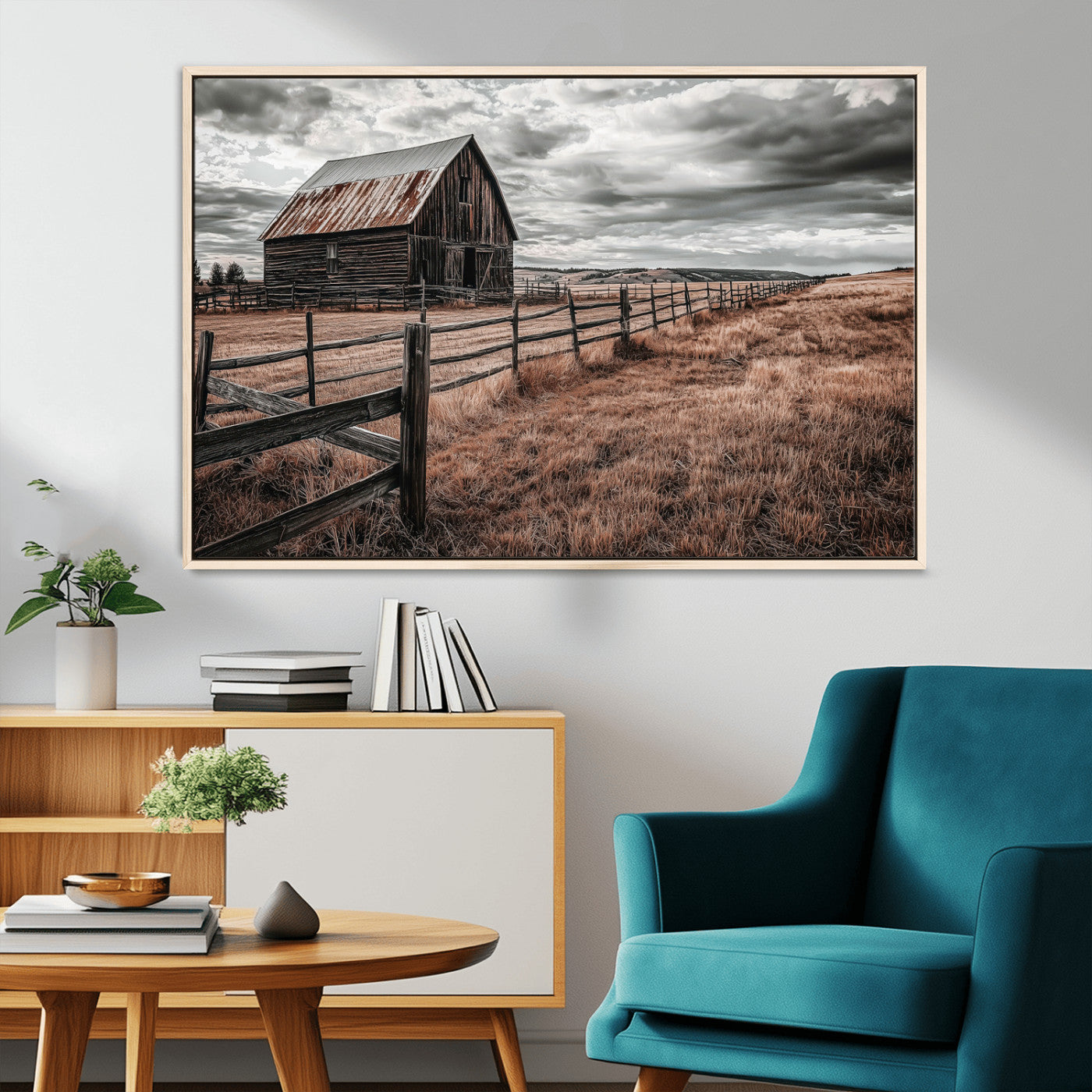 73898372-MGV-FC-36X24_Natural-Rustic Barn Wall Art Canvas Print, Framed Moody Field Art Picture Print, Weathered Fence Perfect Moody Farmhouse Decor Artwork