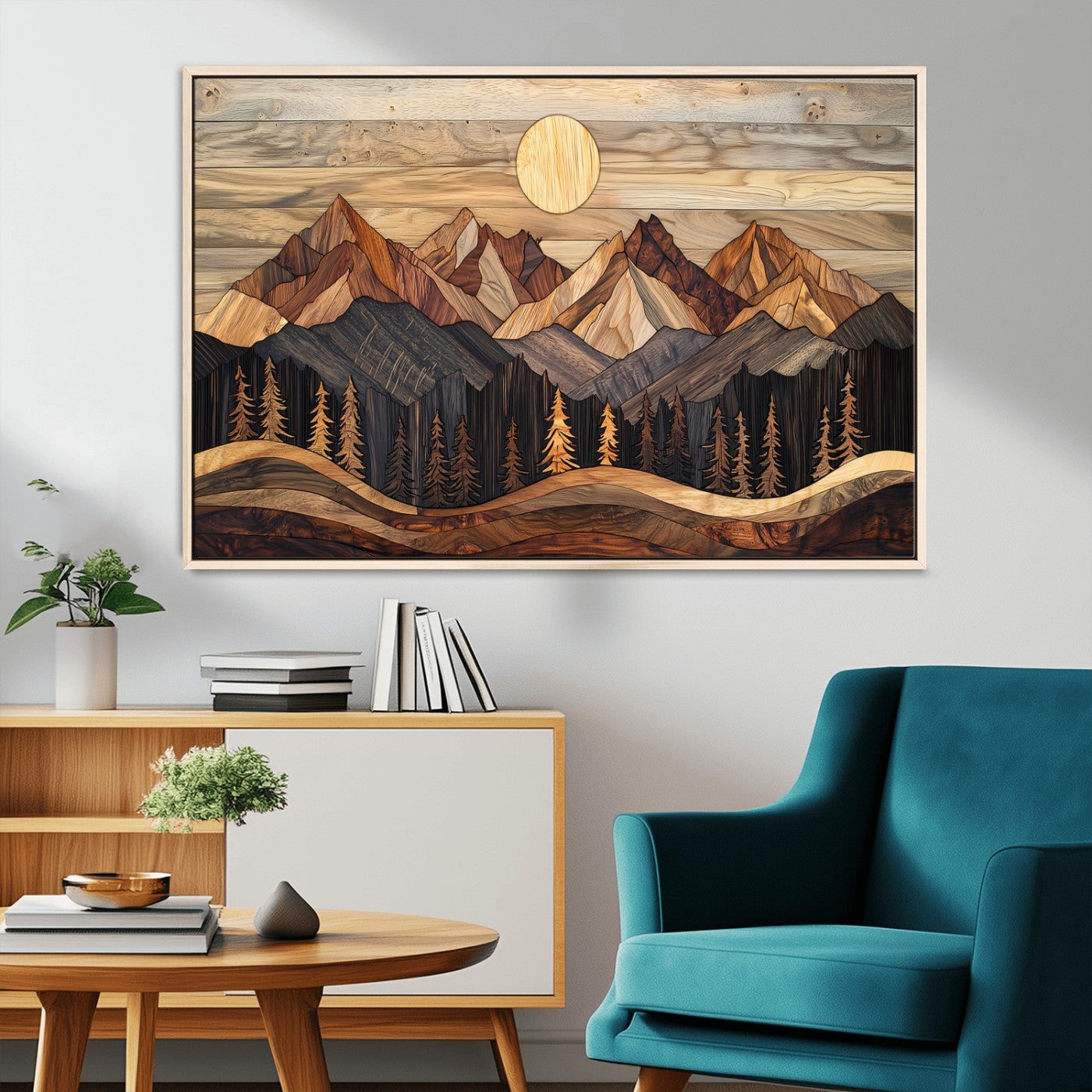 50100230-MGV-CV-36X24-Wooden Mountain Wall Art – Rustic Nature Landscape Canvas Print, Handmade Style Sun, Forest, and Peaks Artwork for Living Room,