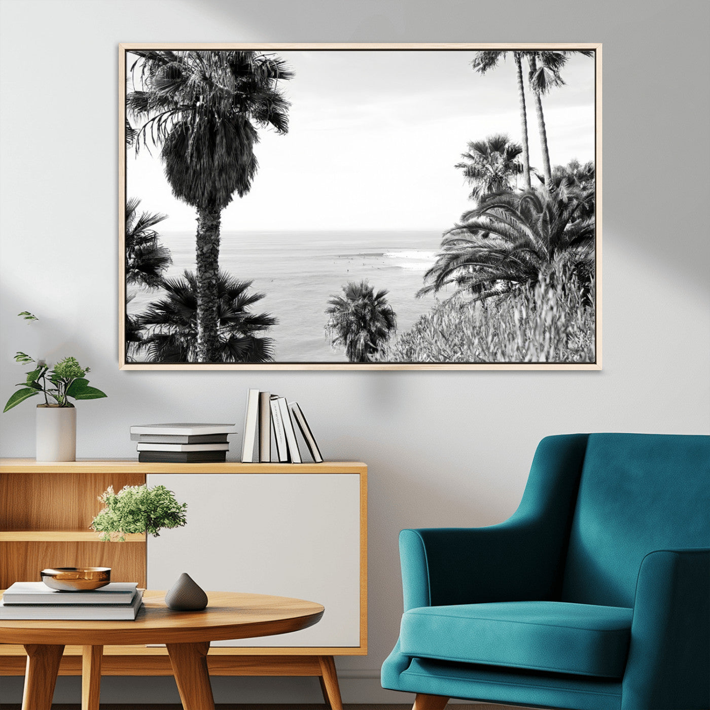 89458520-MGV-CV-36X24-Palm Trees Wall Art Canvas Print, Framed Coastal View Art Picture Print, Ocean Horizon Perfect Monochrome Coast Decor Artwork