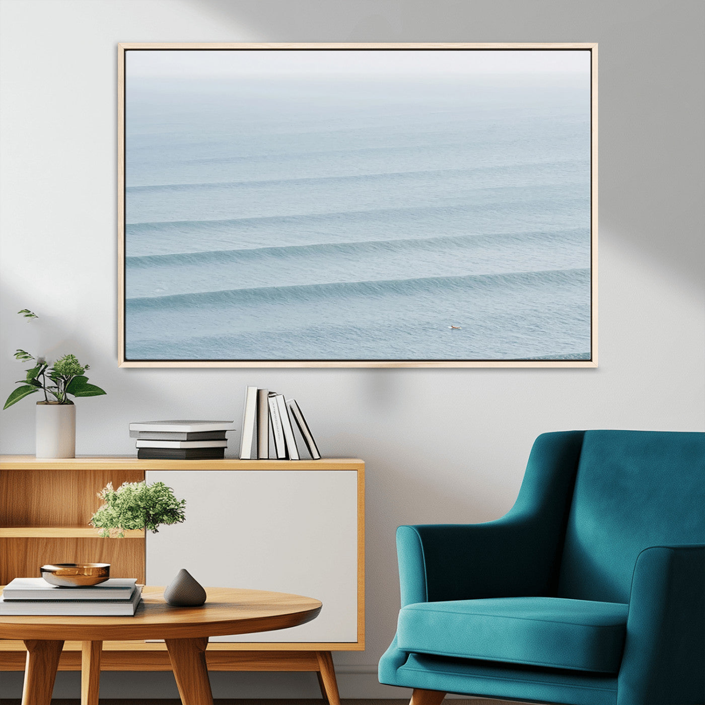 47814787-MGV-CV-36X24-Ocean Waves Wall Art Canvas Print, Framed Solo Surfer Art Picture Print, Wave Lines Perfect Minimalist Ocean Decor Artwork