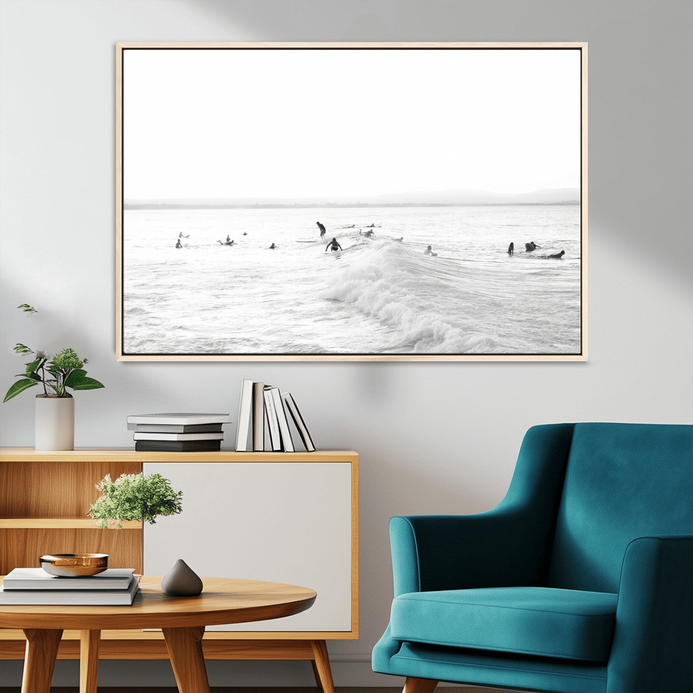 33449548-MGV-FC-36X24_Natural-Group Surfers Wall Art Canvas Print, Framed Ocean Wave Art Picture Print, Surf Crowd Perfect Monochrome Surf Decor Artwork