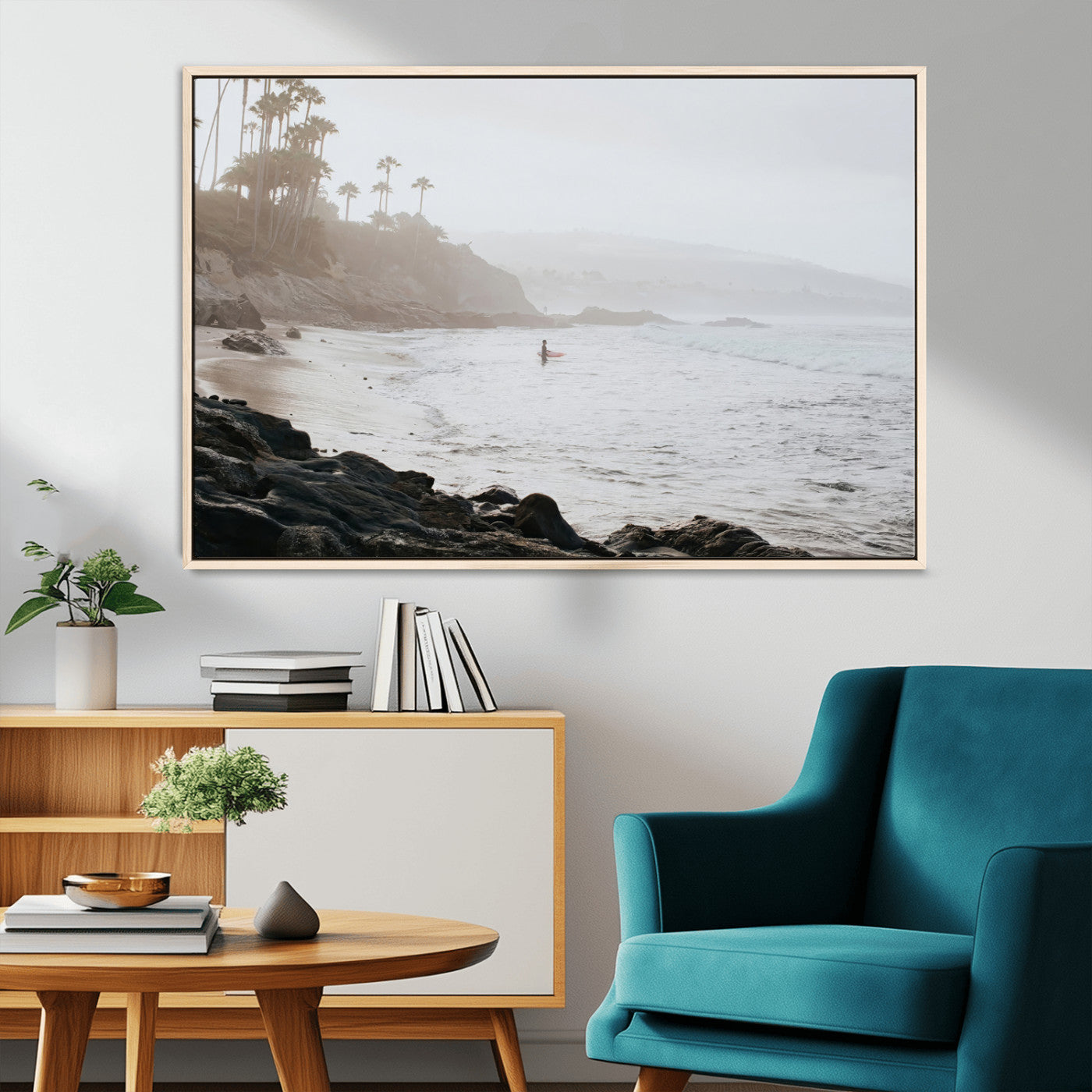 62501405-MGV-CV-36X24-Misty Beach Wall Art Canvas Print, Framed California Surfer Art Picture Print, Coastal Cliff Perfect Coastal Beach Decor Artwork