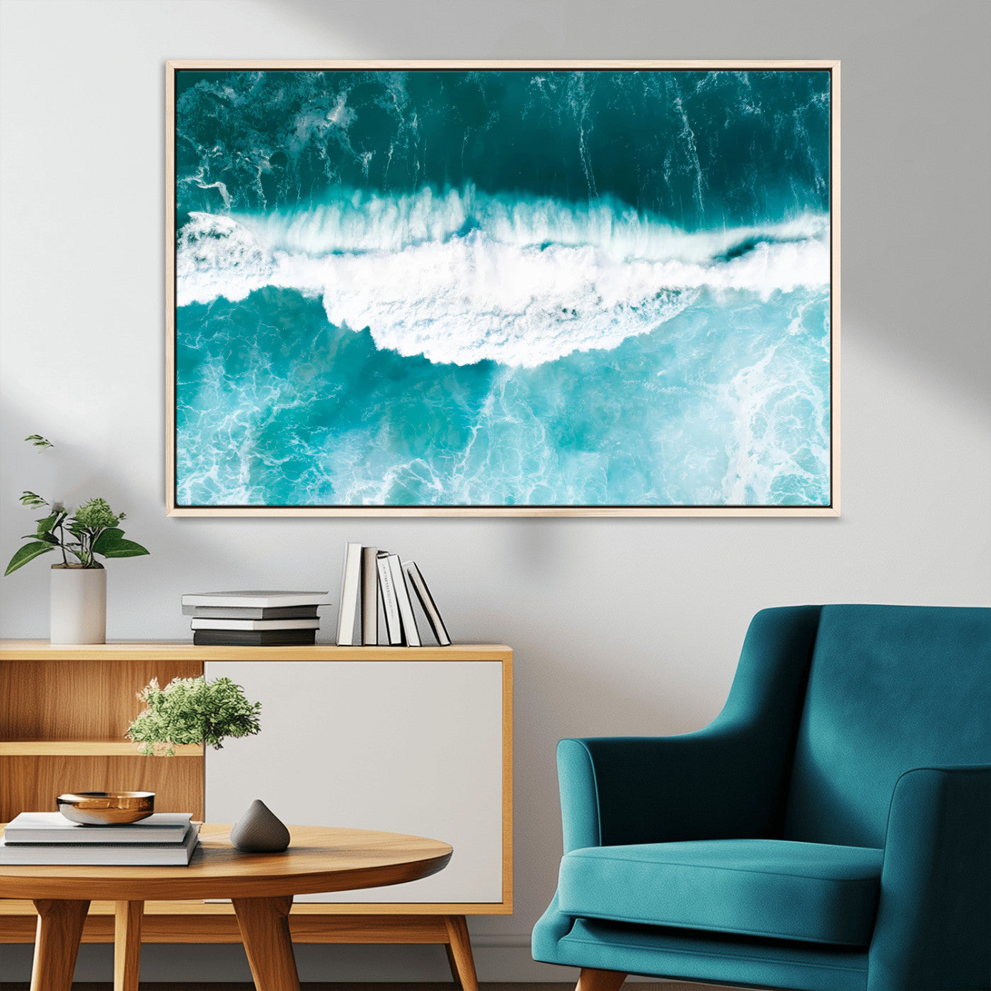 23828594-MGV-FC-36X24_Natural-Aerial Waves Wall Art Canvas Print, Framed Ocean Break Art Picture Print, Sea Foam Perfect Tropical Coastal Decor Artwork