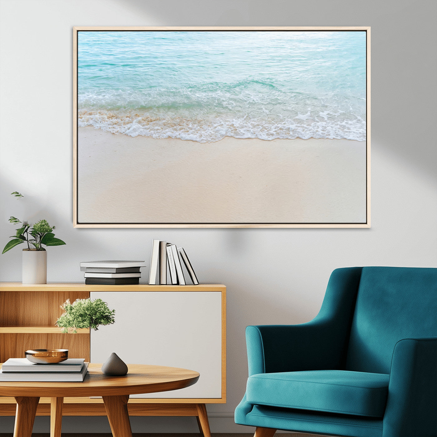 77194056-MGV-FC-36X24_Natural-Soft Shoreline Wall Art Canvas Print, Framed Gentle Waves Art Picture Print, Clear Water Perfect Minimalist Coastal Decor Artwork
