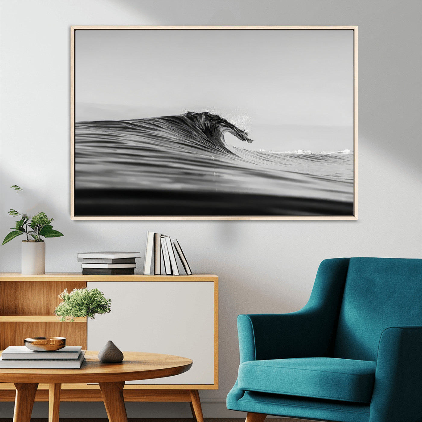 24029476-MGV-CV-36X24-Black Wave Wall Art Canvas Print, Framed Abstract Surf Art Picture Print, Minimalist Ocean Perfect Minimalist Coastal Decor