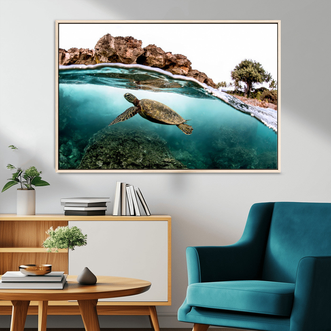 44200301-MGV-CV-36X24-Sea Turtle Swim Wall Art Canvas Print, Framed Ocean Life Art Picture Print, Tropical Shoreline Perfect Tropical Coastal Decor