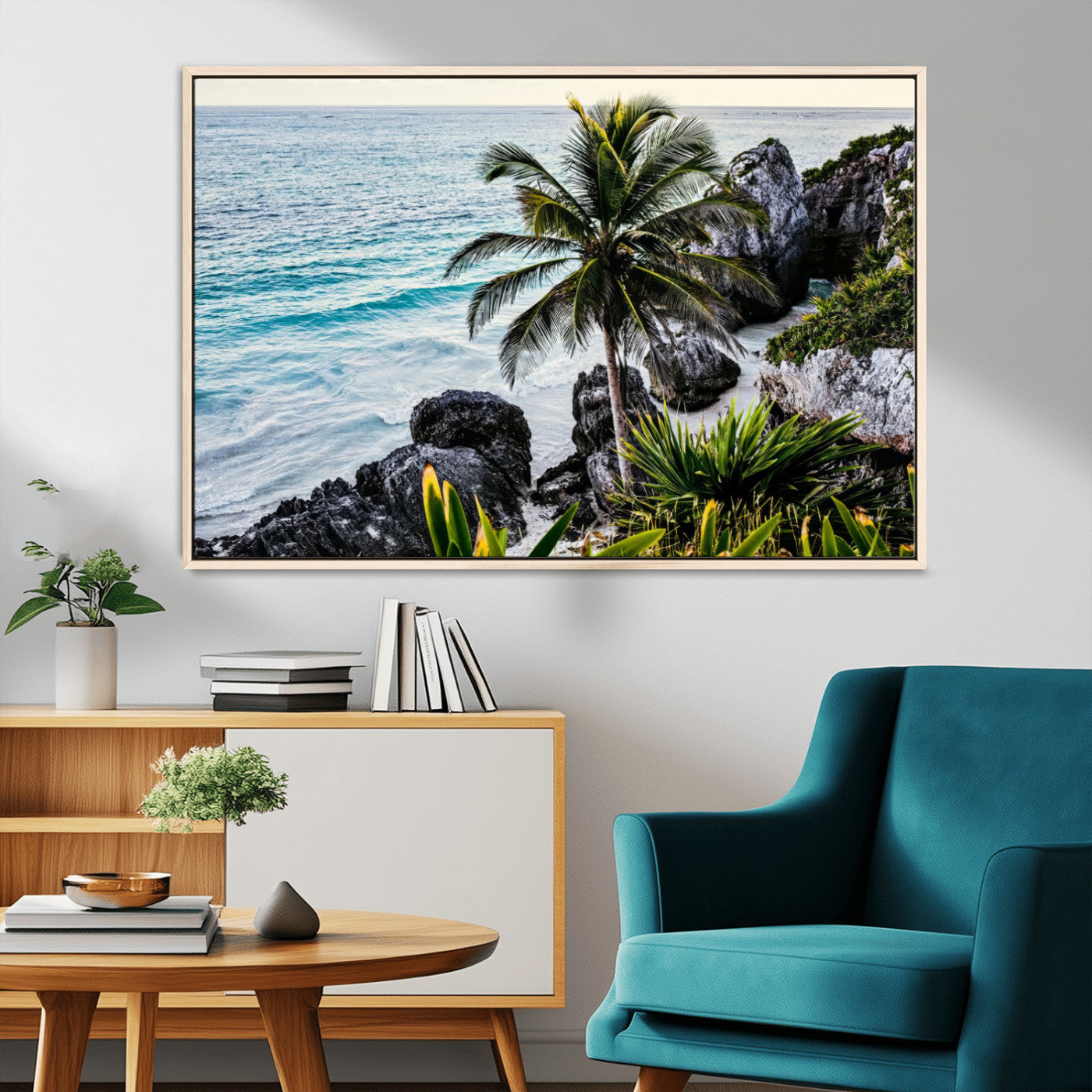 94669907-MGV-CV-36X24-Tropical Coastline Wall Art Canvas Print, Framed Palm Tree Art Picture Print, Rocky Beach Perfect Tropical Coastal Decor Artwork