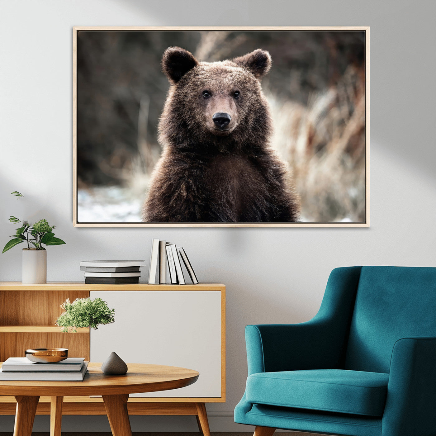 47112103-MGV-CV-36X24-Brown Bear Wall Art Canvas Print, Framed Forest Wildlife Art Picture Print, Woodland Bear Perfect Rustic Cabin Decor Artwork