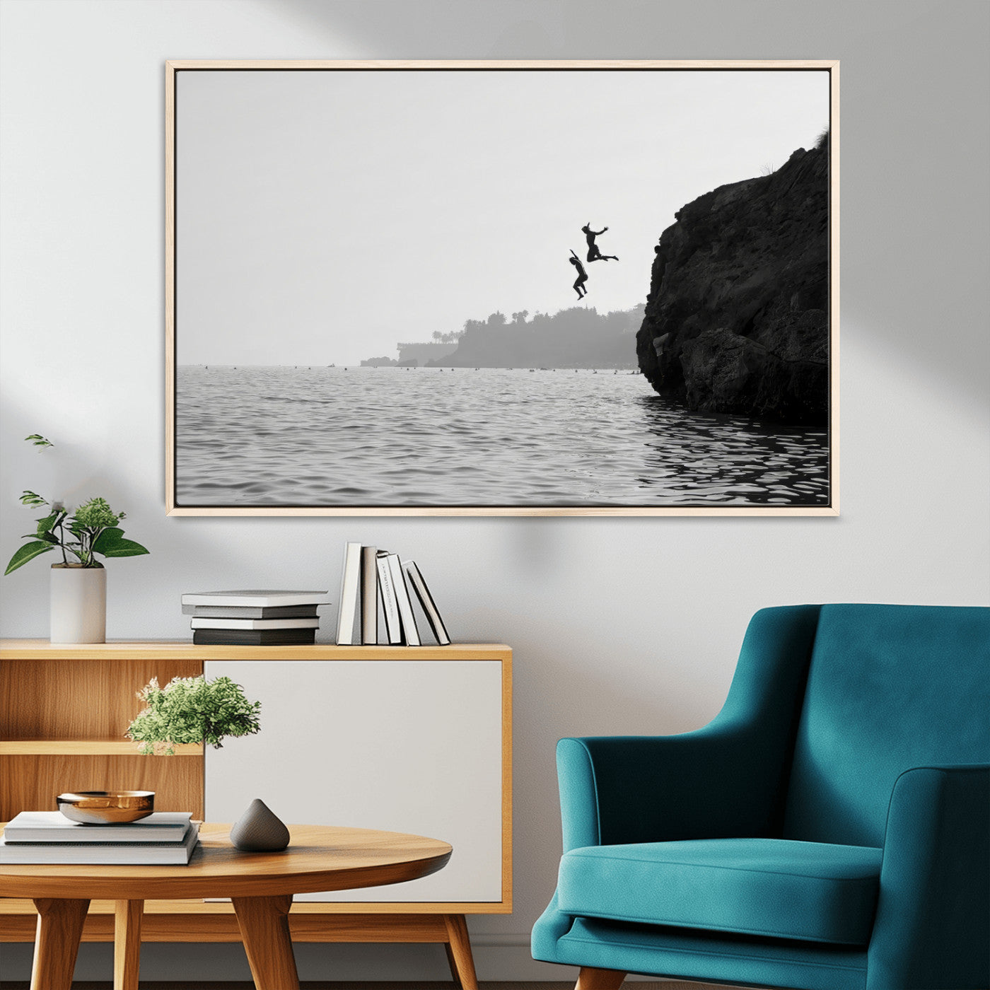 52284302-MGV-CV-36X24-Cliff Jumping Wall Art Canvas Print, Framed Ocean Adventure Art Picture Print, Black White Coast Perfect Modern Coastal Decor