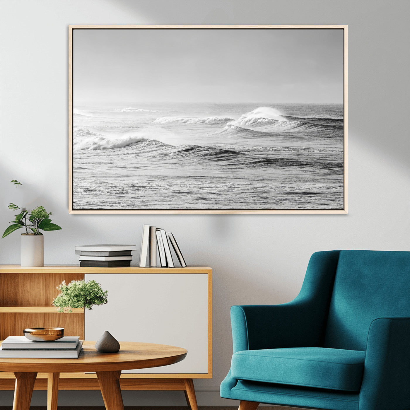 98634812-MGV-CV-36X24-Black and White Ocean Waves Wall Art – Minimalist Sea Canvas Print, Coastal Photography Decor for Living Room, Bedroom or Office
