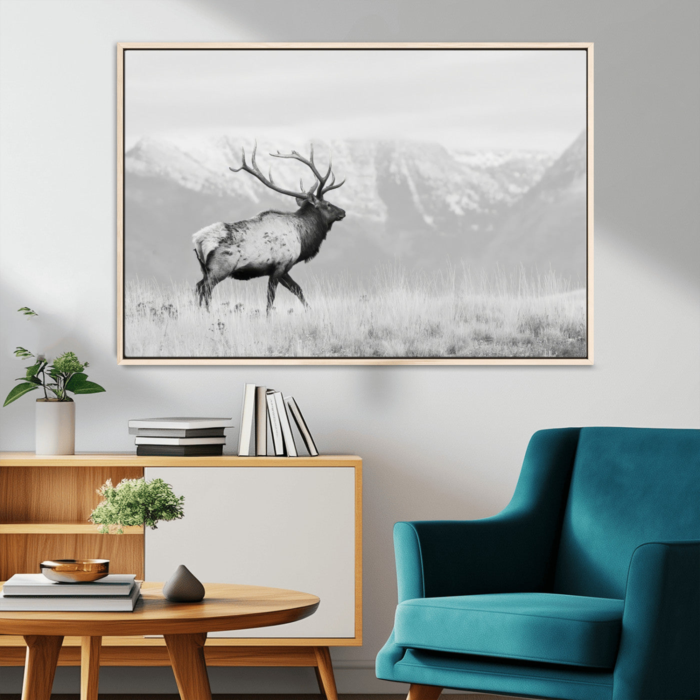 62278753-MGV-CV-36X24-Monochrome Elk Wall Art Canvas Print, Framed Mountain Wildlife Art Picture Print, Rustic Nature Perfect Rustic Minimalist Decor