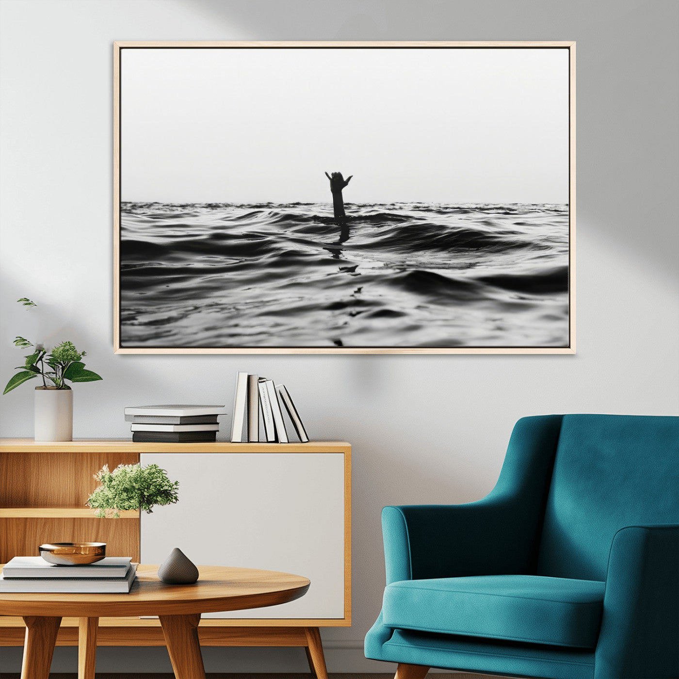 69541918-MGV-CV-36X24-Black White Ocean Wall Art Canvas Print, Framed Moody Seascape Art Picture Print, Surfer Sign Perfect Moody Minimalist Decor