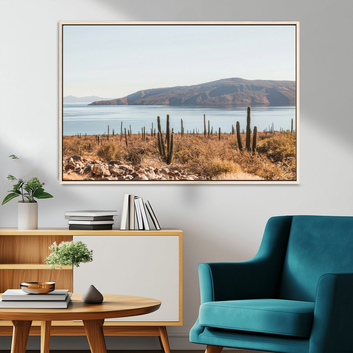 45193515-MGV-CV-36X24-Desert Cactus Wall Art Canvas Print, Framed Baja Coastline Art Picture Print, Coastal Desert Perfect Southwestern Minimalist Decor