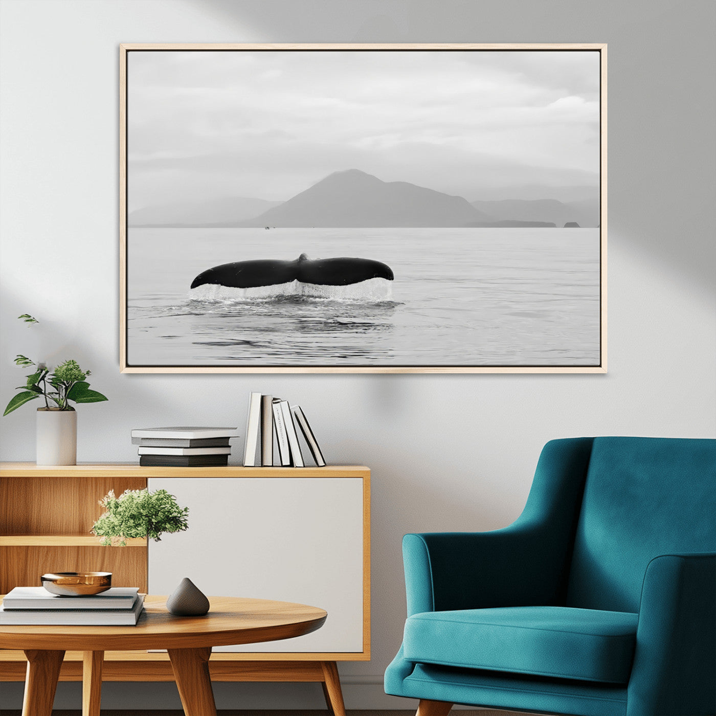 30524220-MGV-CV-36X24-Whale Tail Wall Art Canvas Print, Framed Black White Ocean Art Picture Print, Calm Marine Perfect Minimalist Coastal Decor Artwork