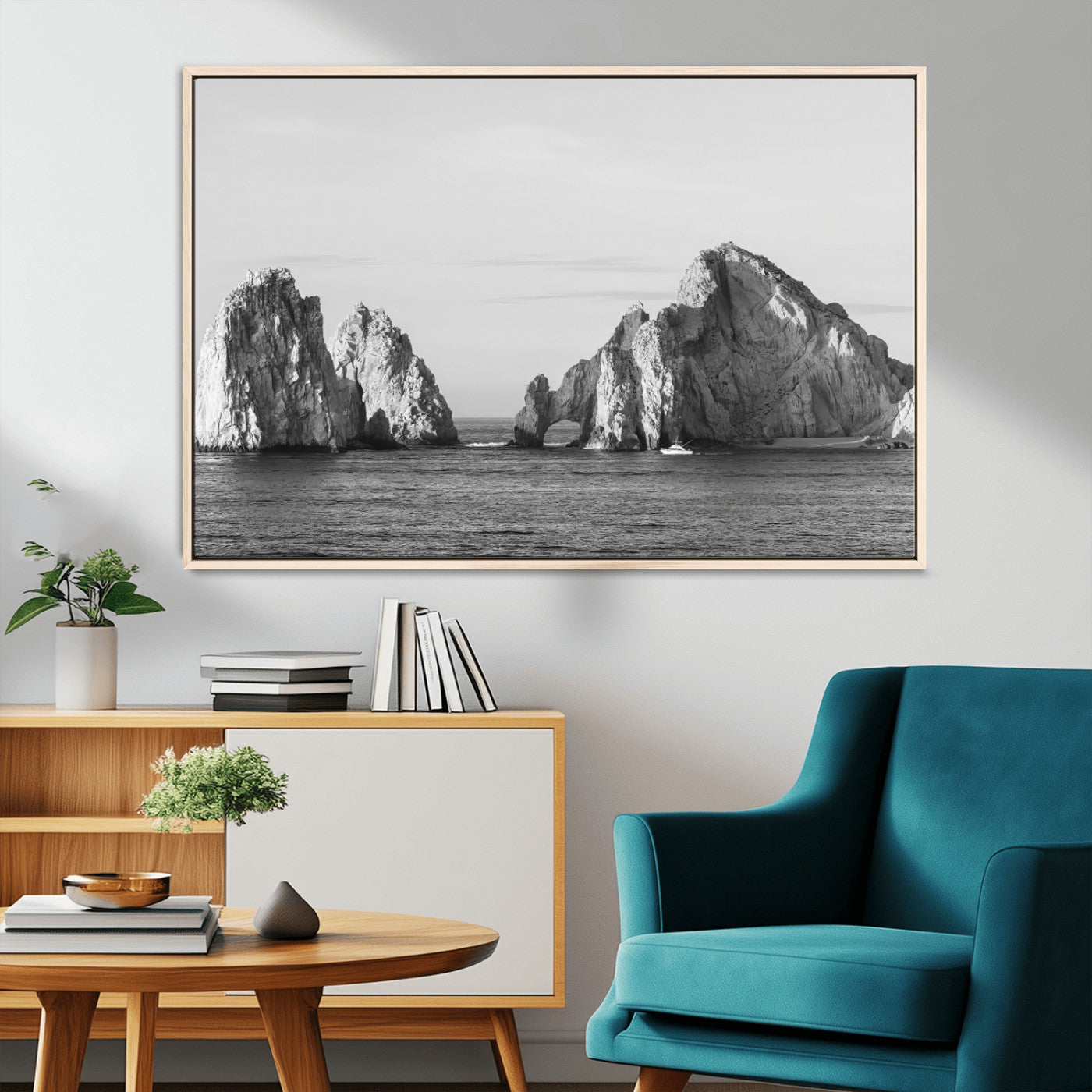 18810731-MGV-CV-36X24-Rugged Coastline Wall Art Canvas Print, Framed Ocean Cliffs Art Picture Print, Monochrome Seascape Perfect Coastal Minimalist