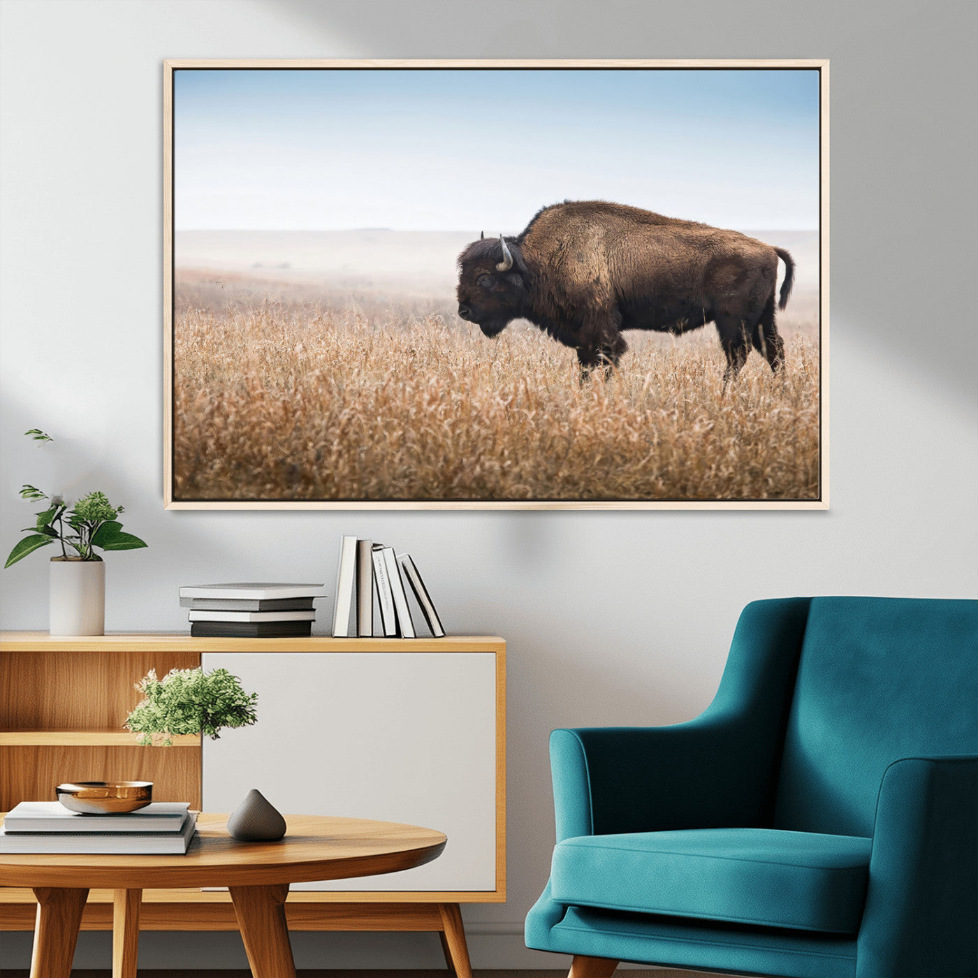 99620201-MGV-CV-36X24-Wild Bison Wall Art Canvas Print, Framed Bison in Prairie Art Picture Print, Rustic Western Perfect Rustic Western Decor Artwork